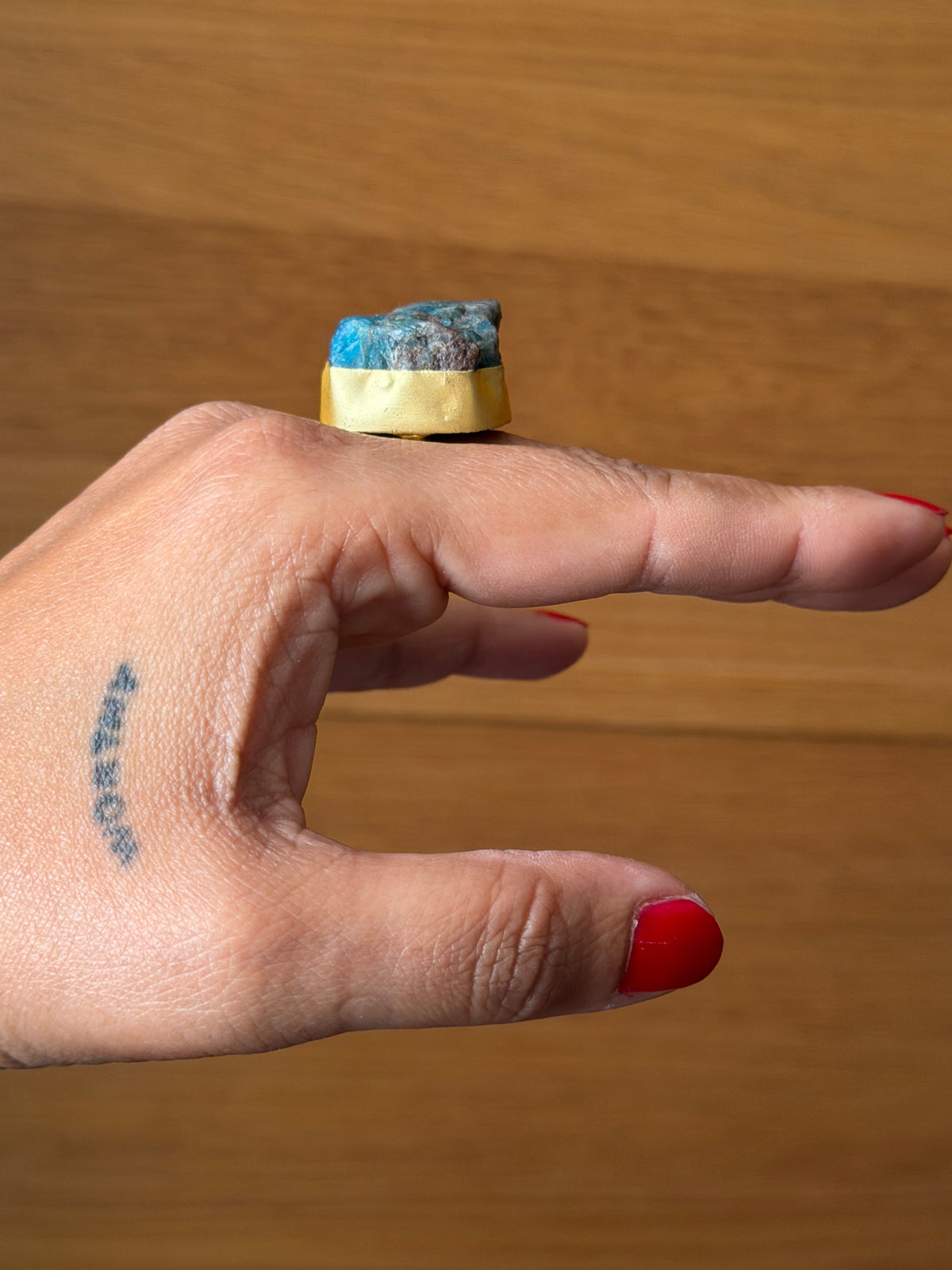 Raw Apatite adjustable metal ring with 18k gold plating| Statement crystal ring | Throat Chakra crystal