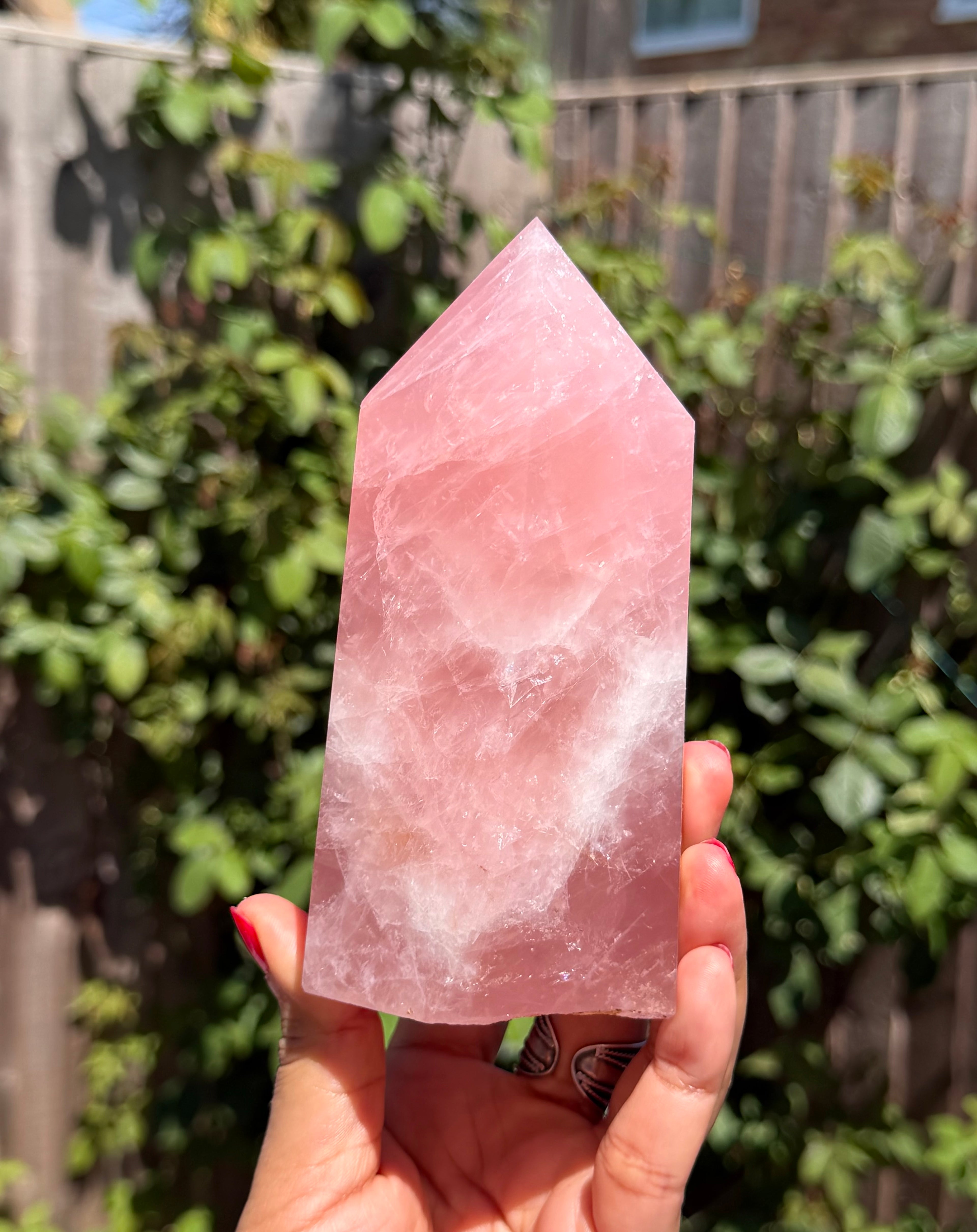Vivid Pink Madagascar Rose Quartz Tower 892g | Natural Rainbow Inclusions & Feather Patterns | Large Crystal Point | Sainte Marie Gem Show