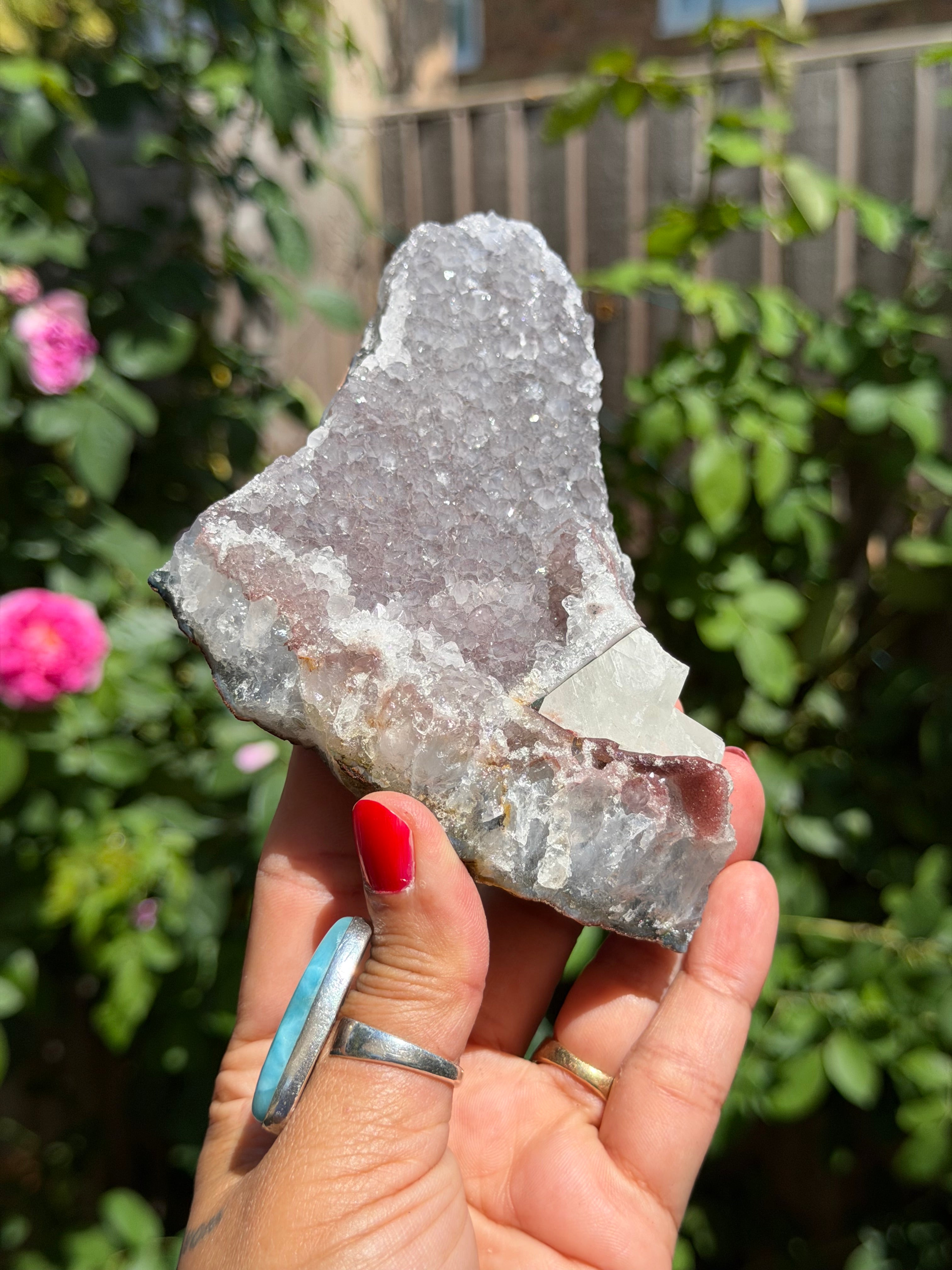 Rainbow Amethyst with Calcite | 503g  Crystal Cluster with Stand | Pastel Berry Druzy | Collector Specimen | Brazil Crystal Decor, A