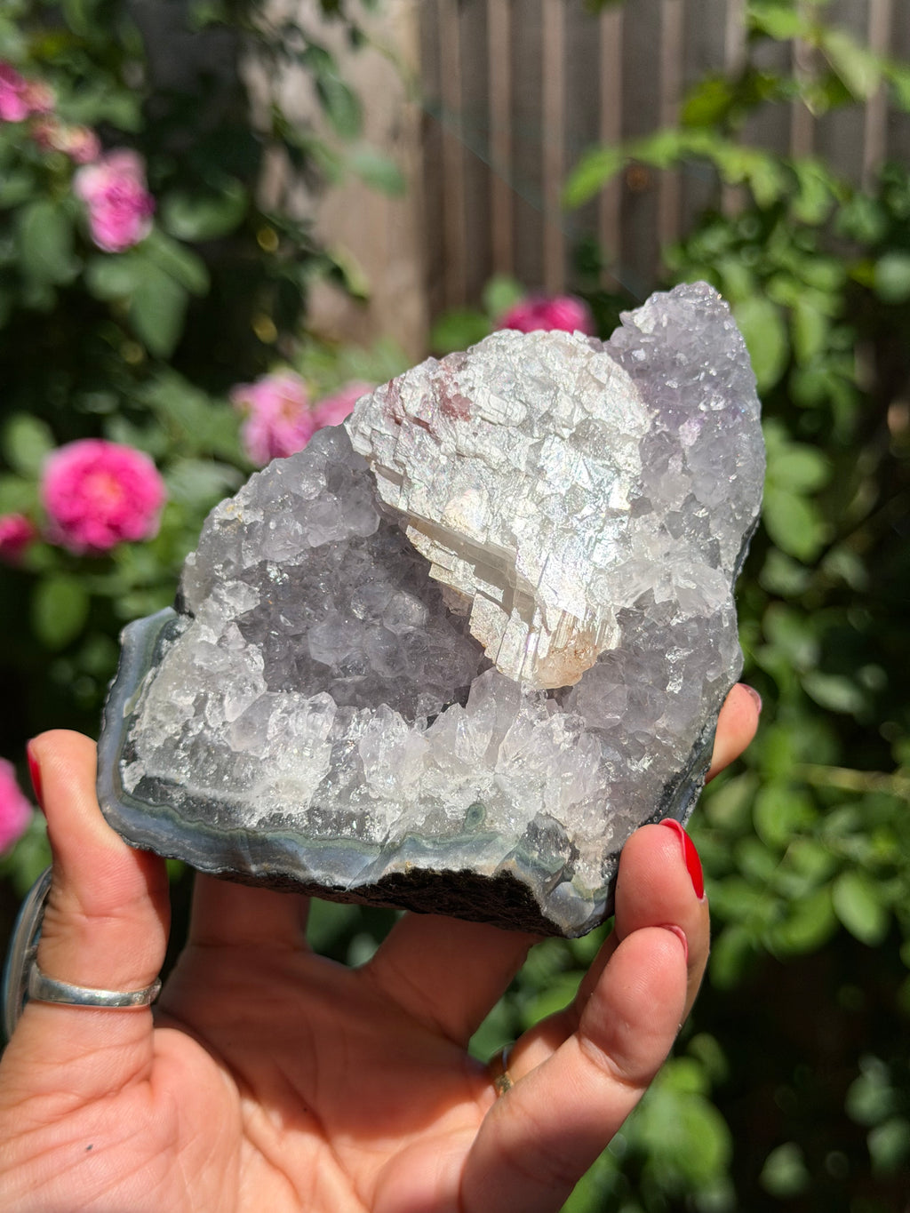 Rainbow Amethyst with Calcite | 520g  Crystal Cluster with Stand | Pastel Berry Druzy | Collector Specimen | Brazil Crystal Decor, B