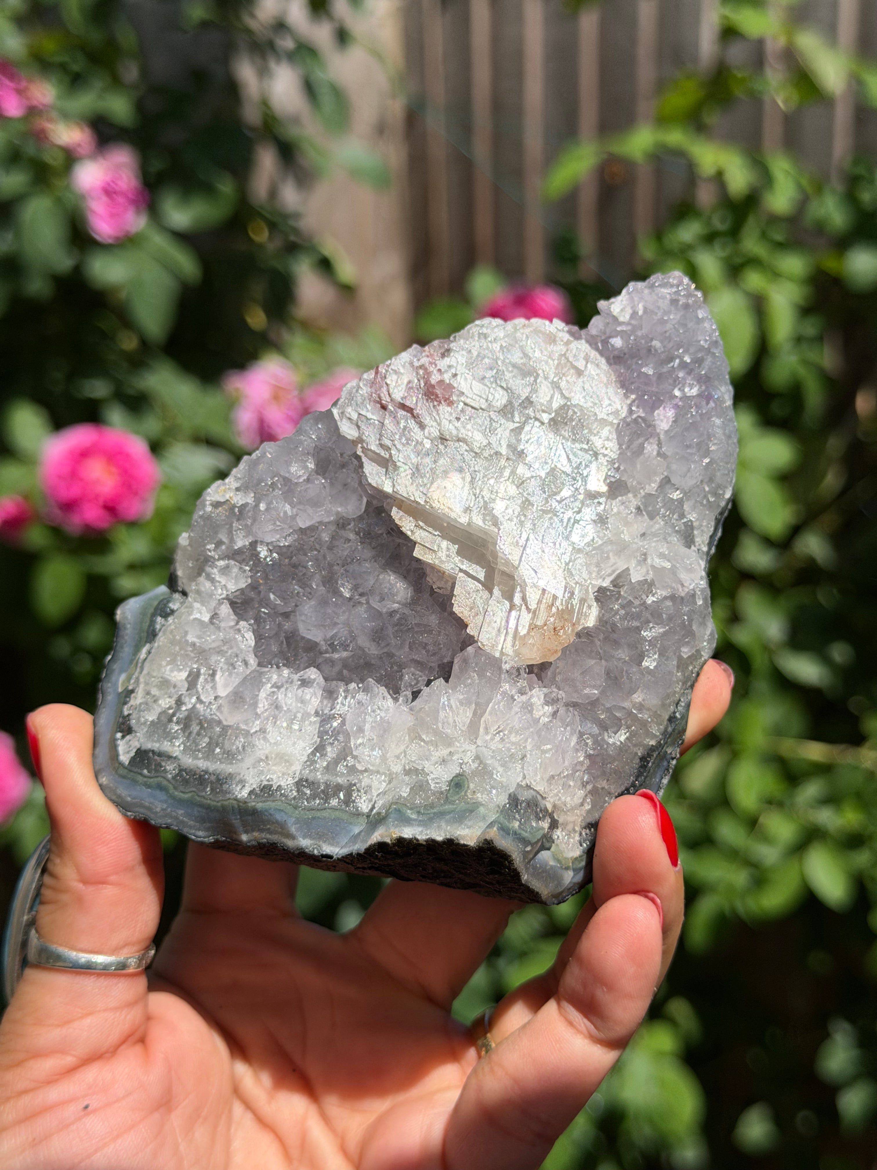 Rainbow Amethyst with Calcite | 520g  Crystal Cluster with Stand | Pastel Berry Druzy | Collector Specimen | Brazil Crystal Decor, B
