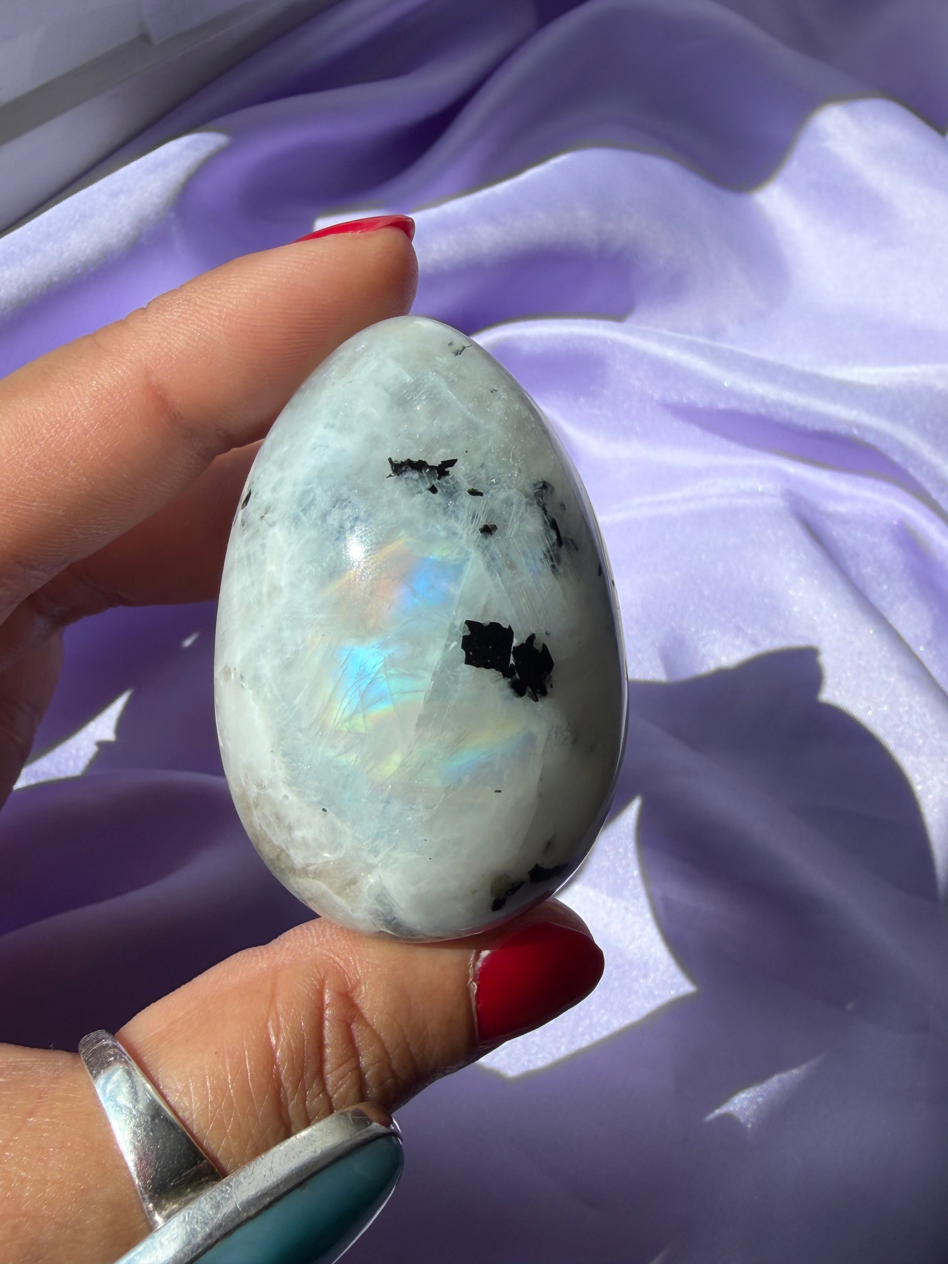 Flashy Rainbow Moonstone Egg – Free Standing Crystal Display from India, A