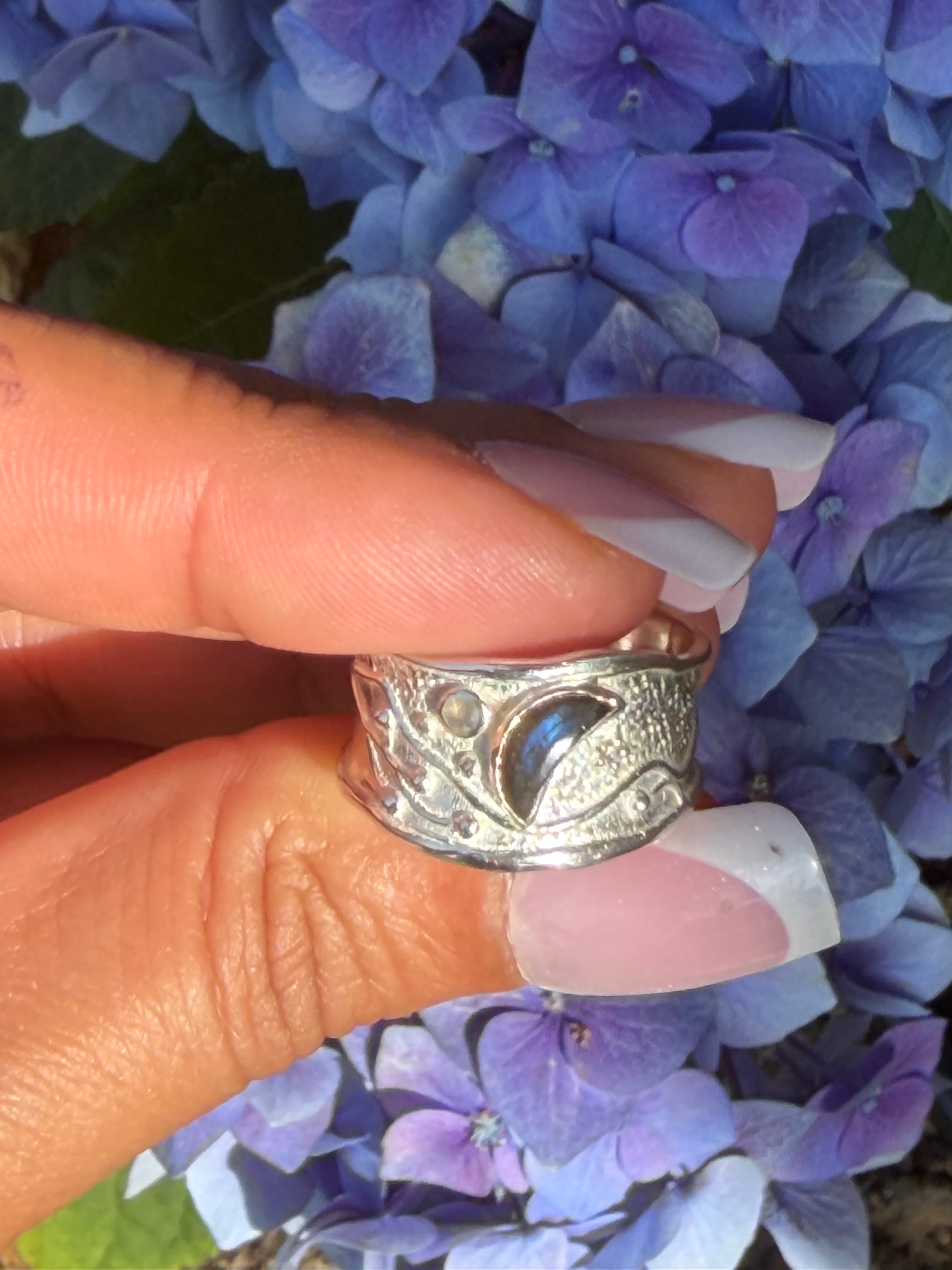 Labradorite Moon & Shooting Star Silver Ring | Handcrafted Adjustable Band
