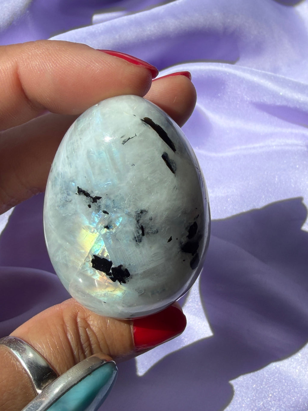 Flashy Rainbow Moonstone Egg – Free Standing Crystal Display from India, A