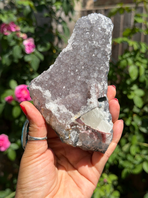 Rainbow Amethyst with Calcite | 503g  Crystal Cluster with Stand | Pastel Berry Druzy | Collector Specimen | Brazil Crystal Decor, A