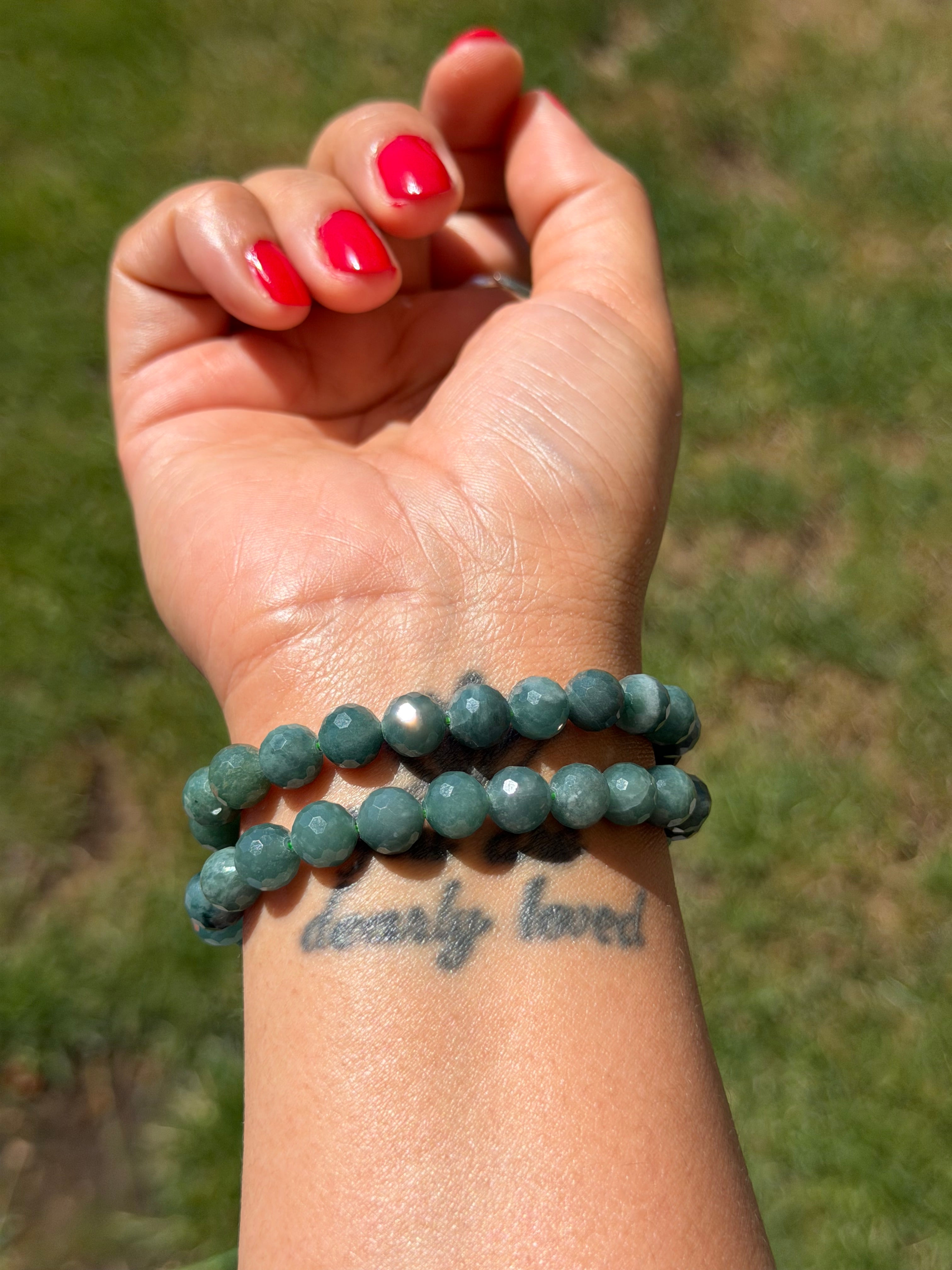 Blue Jade Faceted Bracelet 8mm | Natural Blue Jade Crystal Bracelet | Micro Cut Gemstone Stretch Bracelet | Calm, Wisdom & Prosperity