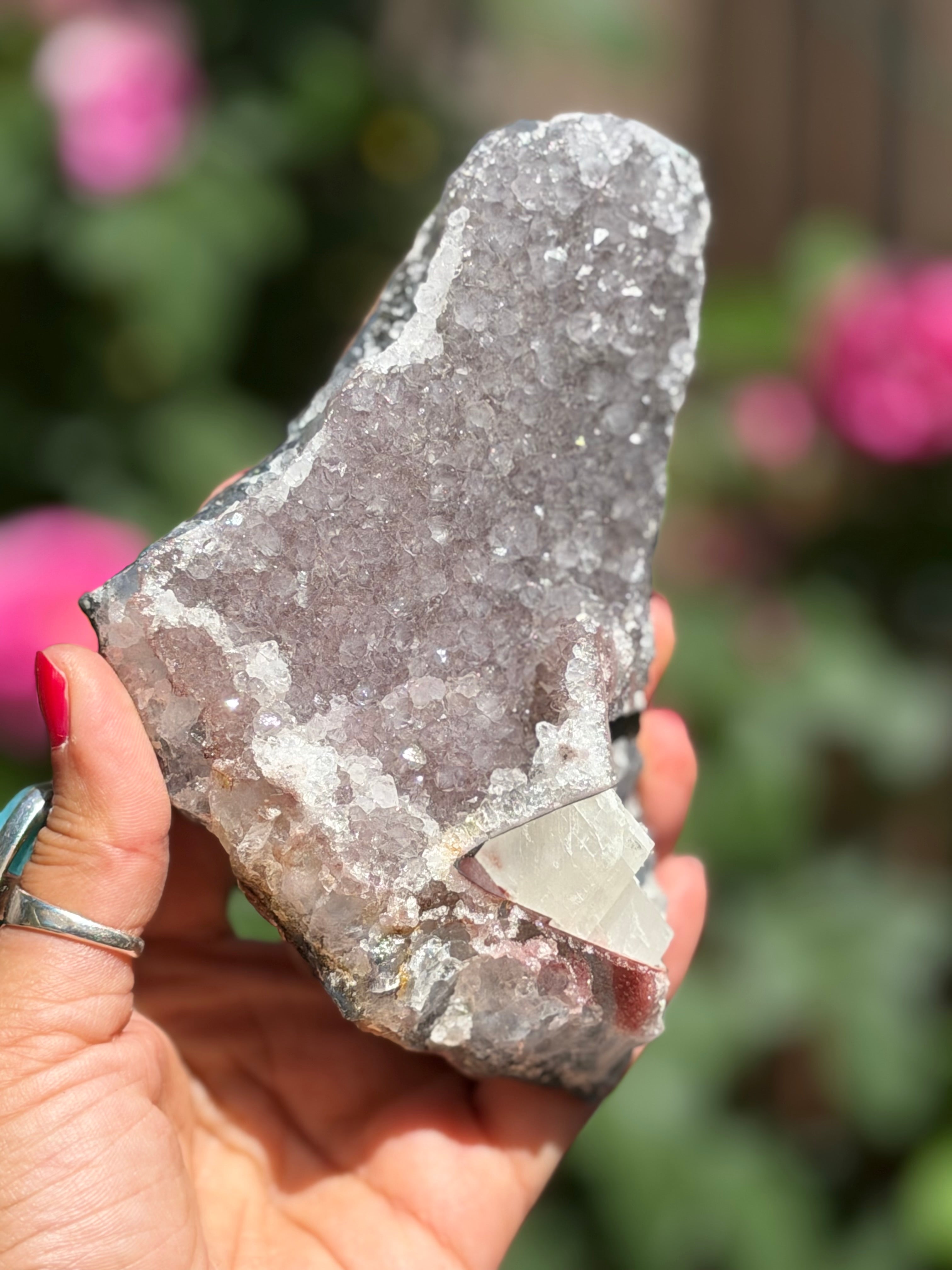 Rainbow Amethyst with Calcite | 503g  Crystal Cluster with Stand | Pastel Berry Druzy | Collector Specimen | Brazil Crystal Decor, A