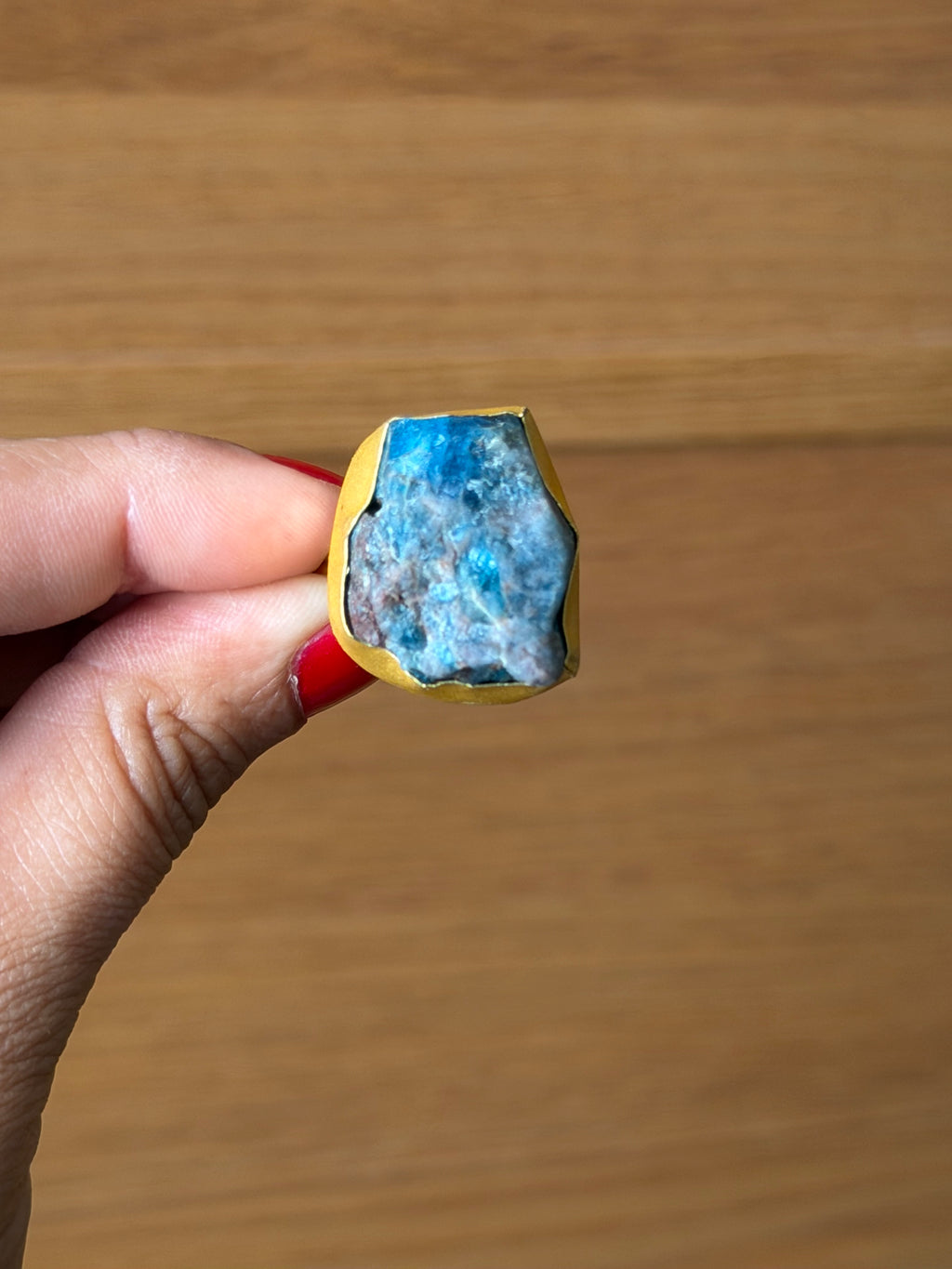 Raw Apatite adjustable metal ring with 18k gold plating| Statement crystal ring | Throat Chakra crystal