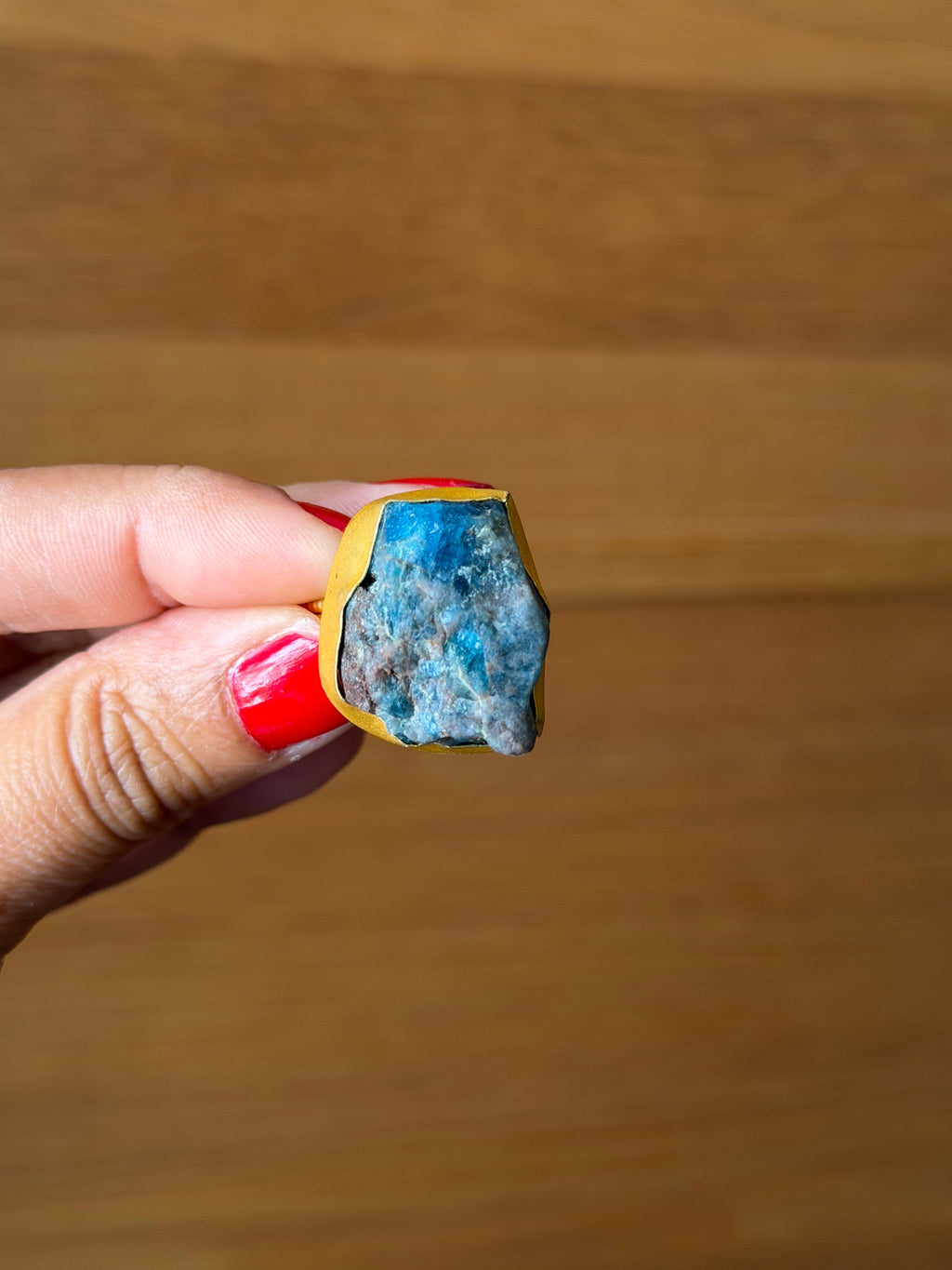 Raw Apatite adjustable metal ring with 18k gold plating| Statement crystal ring | Throat Chakra crystal
