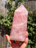 Madagascar Rose Quartz Tower 687g | Vivid Pink Crystal Point with Natural Rainbows & Feather Patterns | Sainte Marie Gem Show