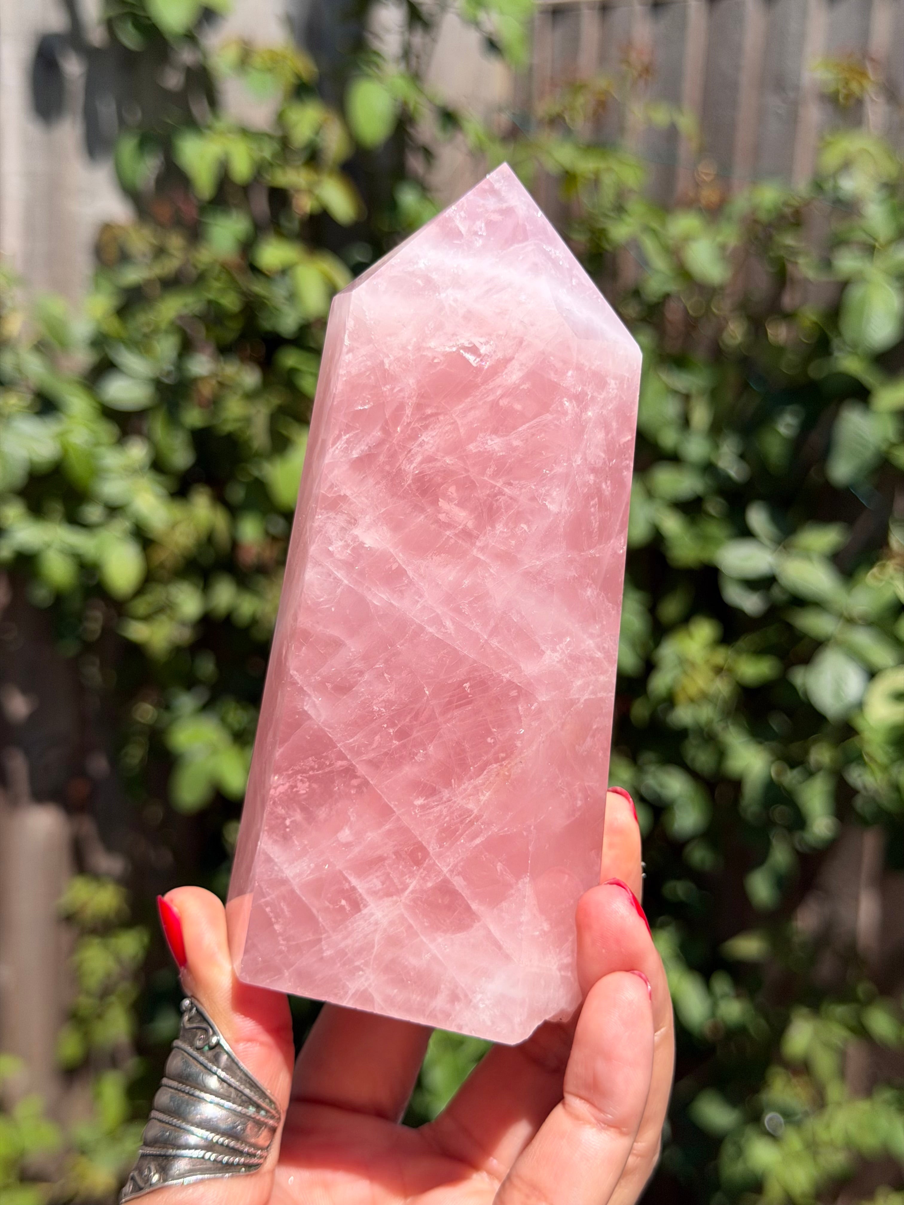 Madagascar Rose Quartz Tower 687g | Vivid Pink Crystal Point with Natural Rainbows & Feather Patterns | Sainte Marie Gem Show
