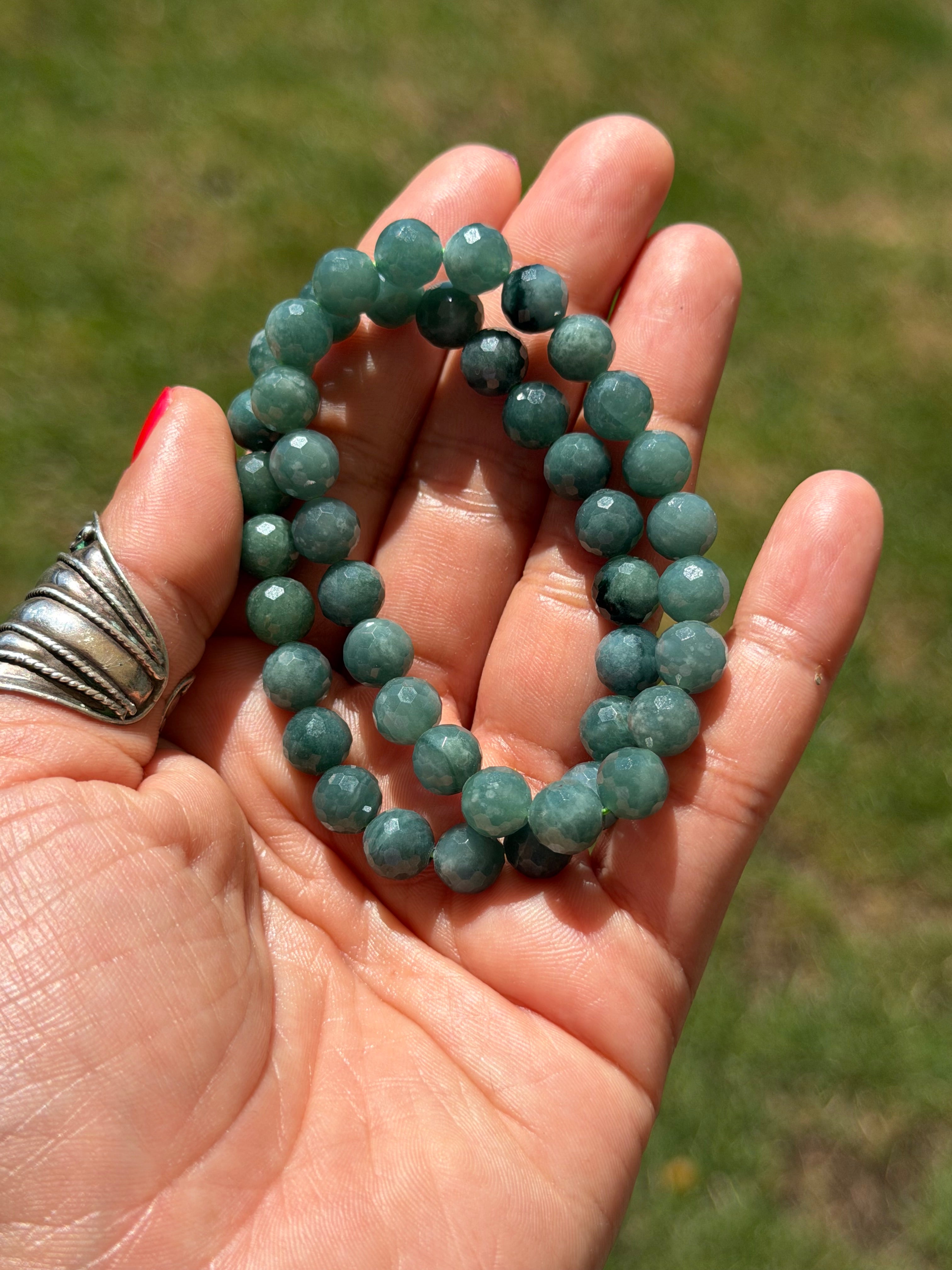 Blue Jade Faceted Bracelet 8mm | Natural Blue Jade Crystal Bracelet | Micro Cut Gemstone Stretch Bracelet | Calm, Wisdom & Prosperity