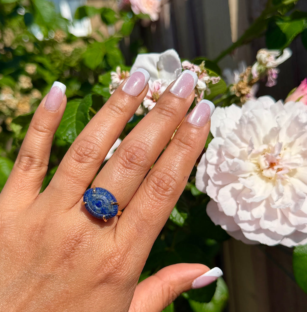 Hand Carved Lapis Lazuli with Pyrite Ring | 925 Sterling Silver 18K Gold Plated | Adjustable Artisan Evil Eye Ring | Handmade in Jaipur