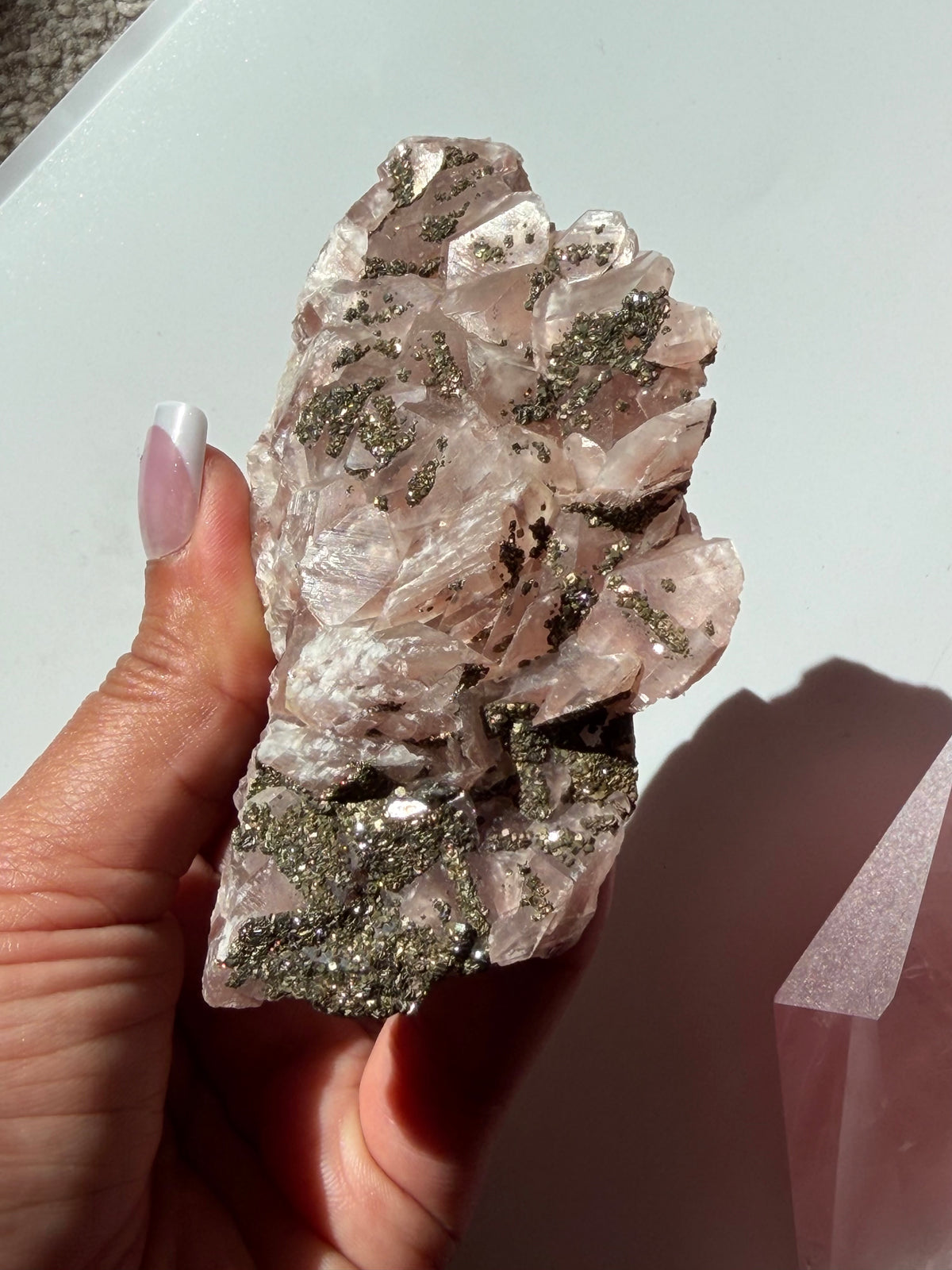 Rare Pink Benz Calcite with Pyrite from Inner Mongolia — 188g