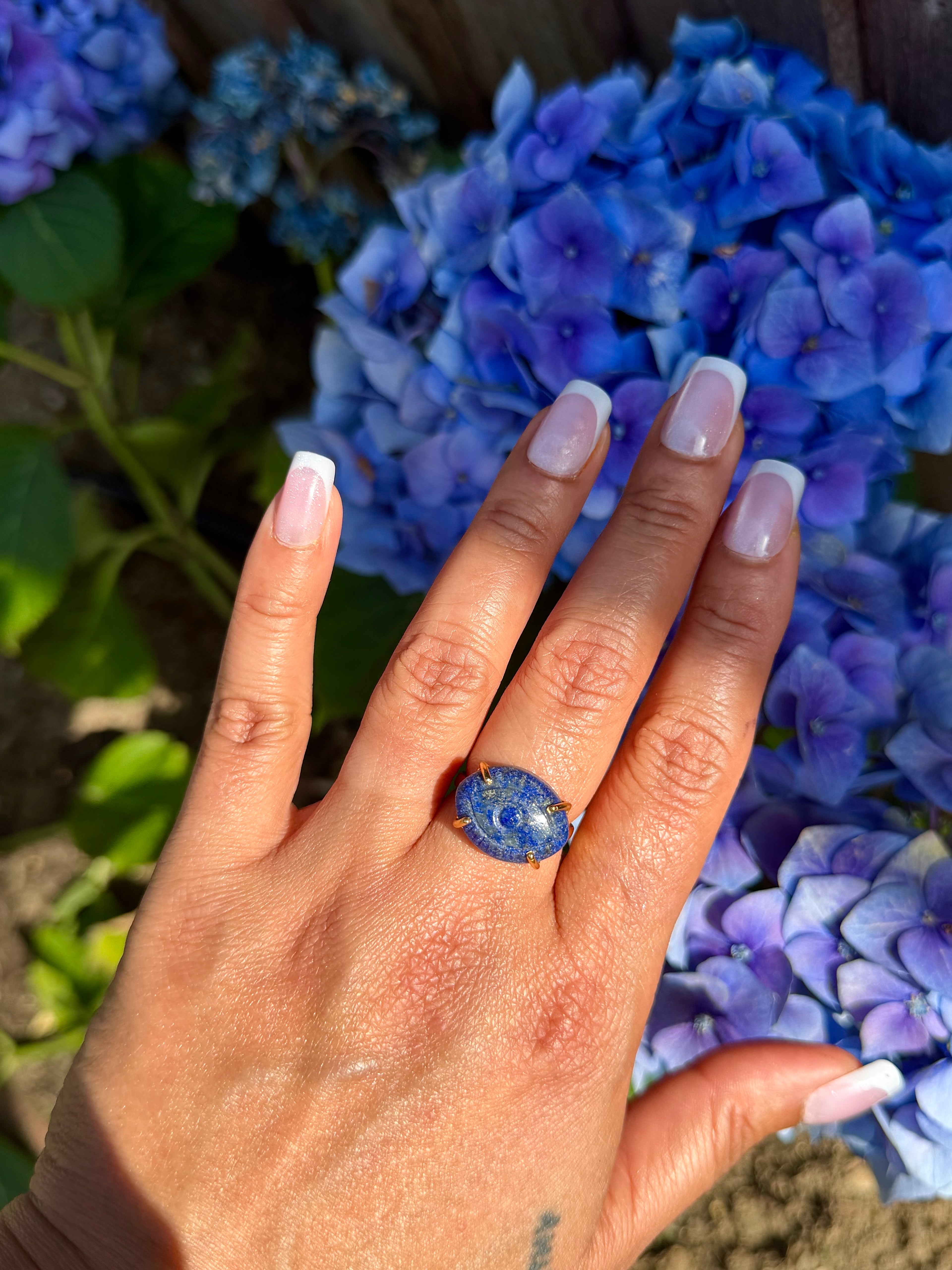 Hand Carved Lapis Lazuli with Pyrite Ring | 925 Sterling Silver 18K Gold Plated | Adjustable Artisan Evil Eye Ring | Handmade in Jaipur