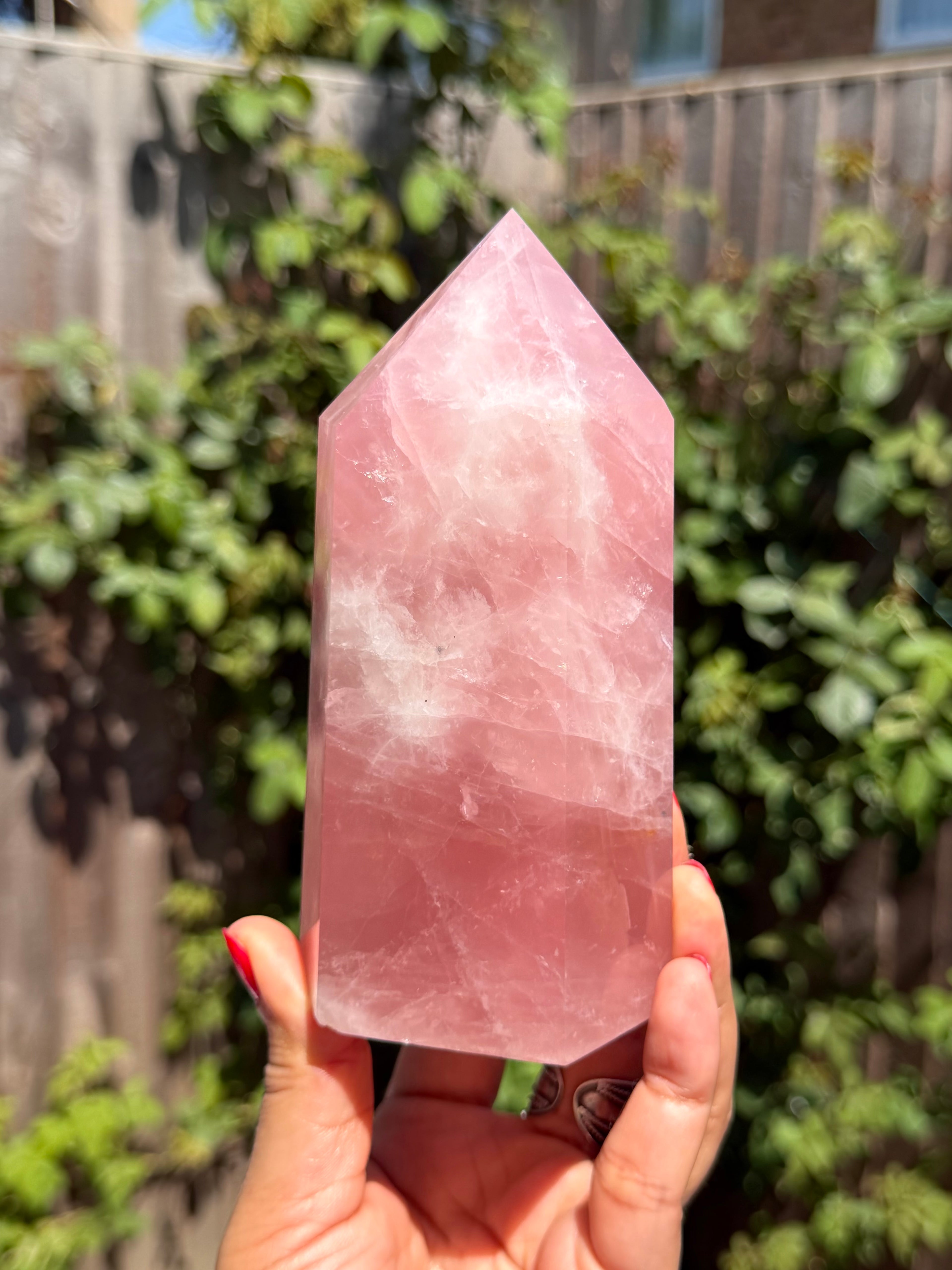 Vivid Pink Madagascar Rose Quartz Tower 892g | Natural Rainbow Inclusions & Feather Patterns | Large Crystal Point | Sainte Marie Gem Show