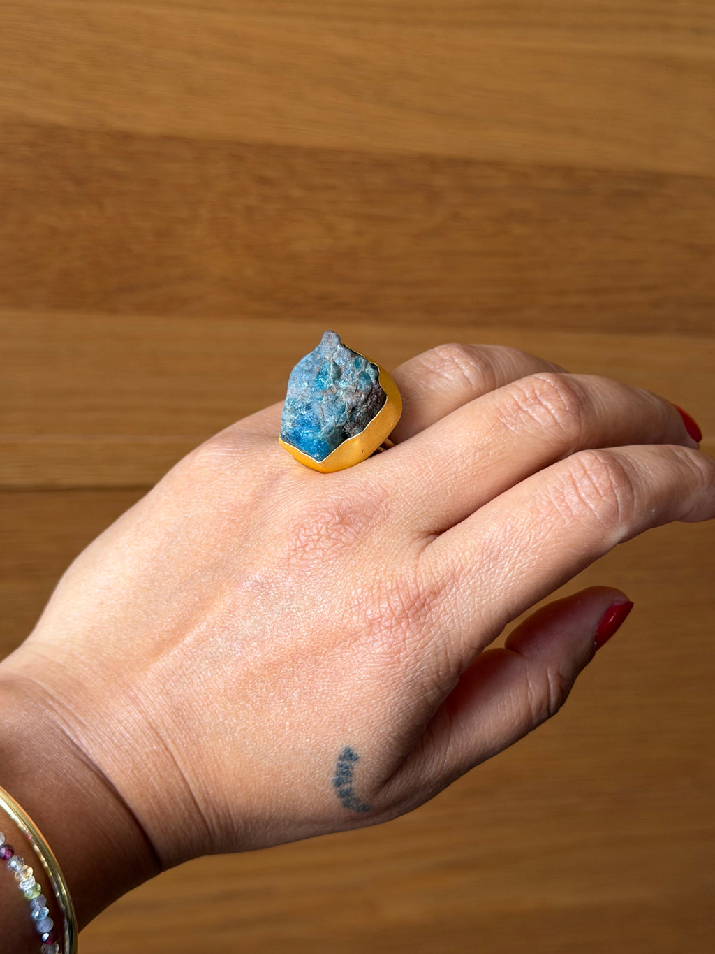 Raw Apatite adjustable metal ring with 18k gold plating| Statement crystal ring | Throat Chakra crystal