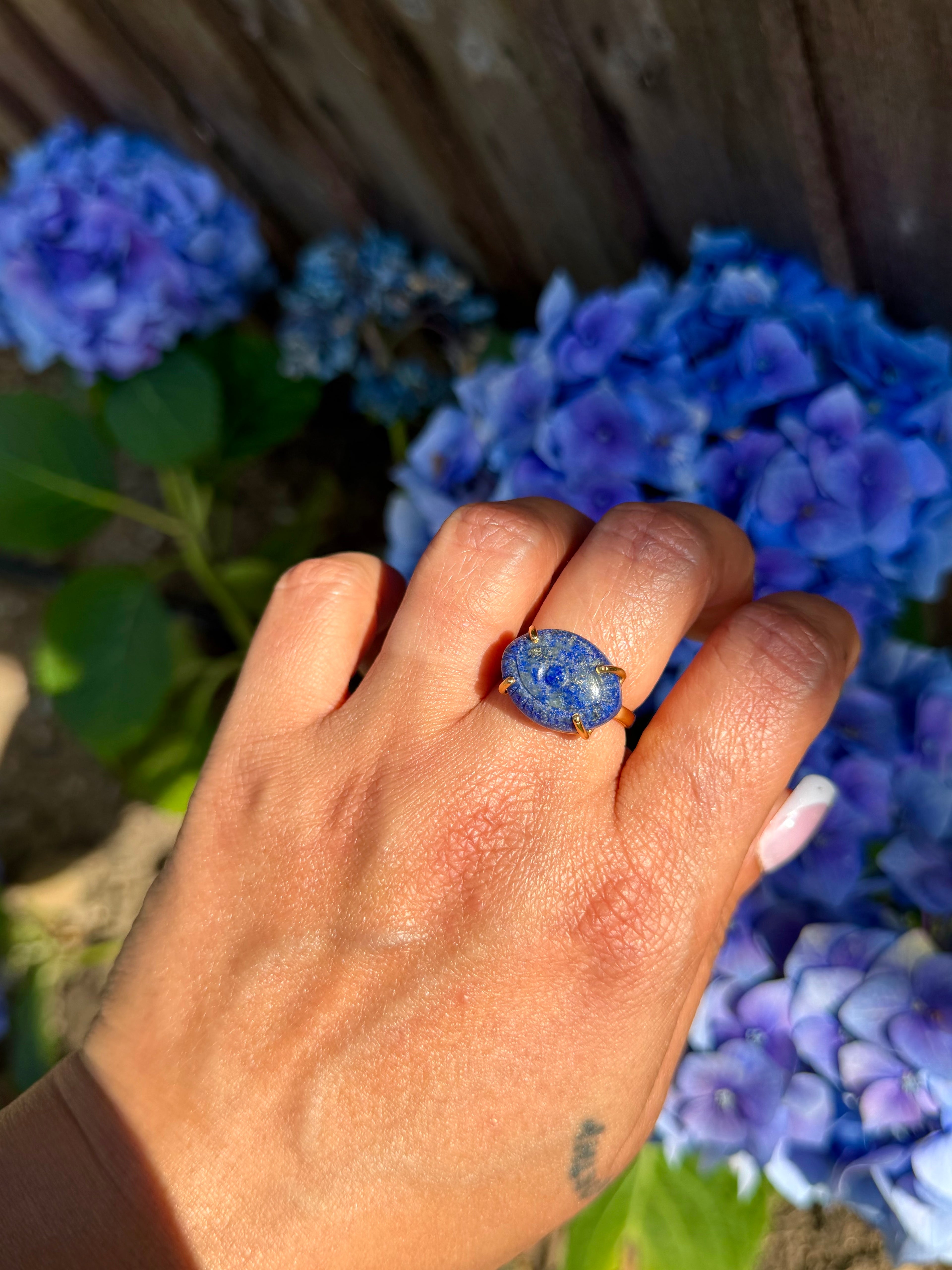 Hand Carved Lapis Lazuli with Pyrite Ring | 925 Sterling Silver 18K Gold Plated | Adjustable Artisan Evil Eye Ring | Handmade in Jaipur