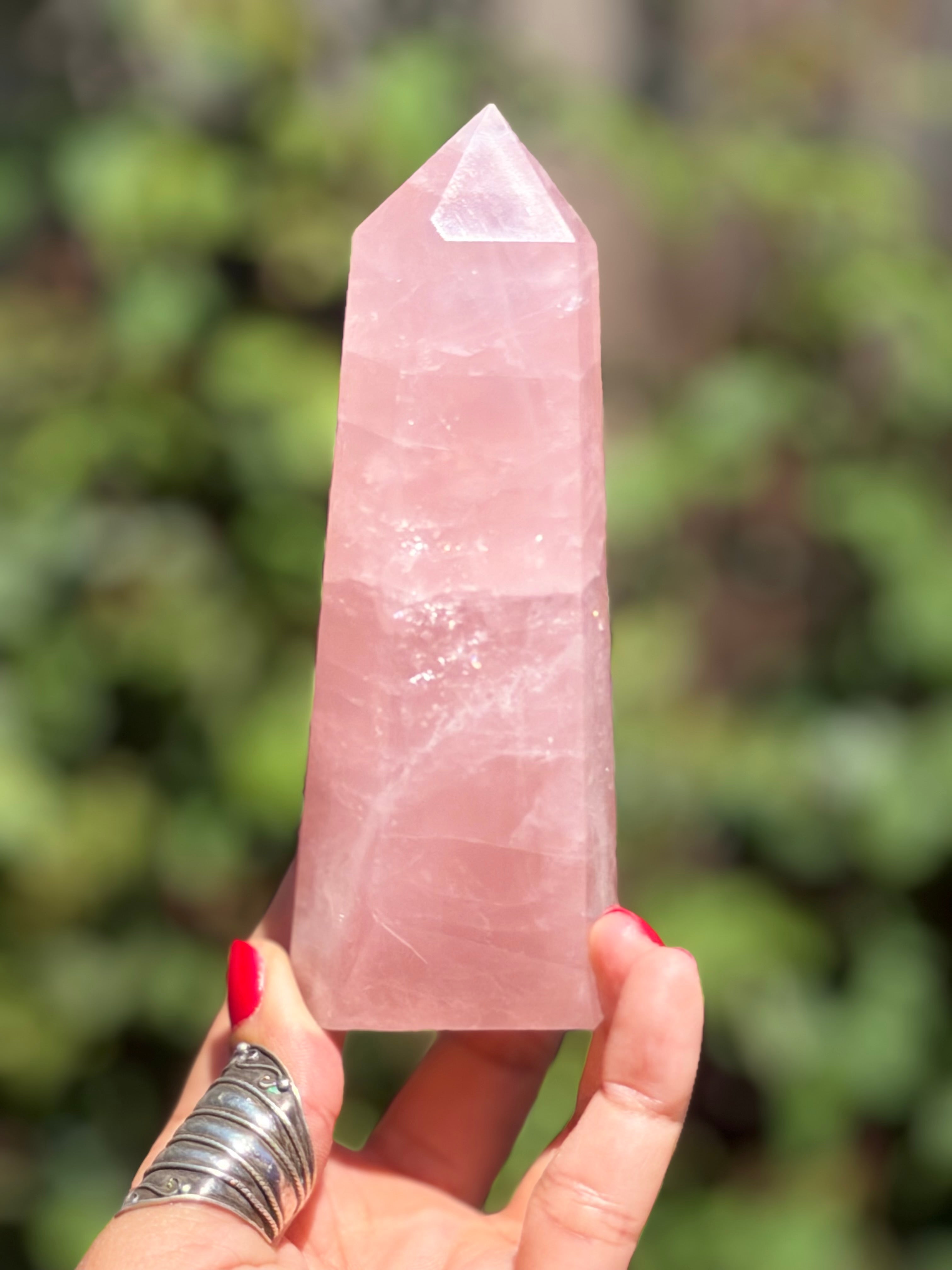 Madagascar Rose Quartz Tower 687g | Vivid Pink Crystal Point with Natural Rainbows & Feather Patterns | Sainte Marie Gem Show