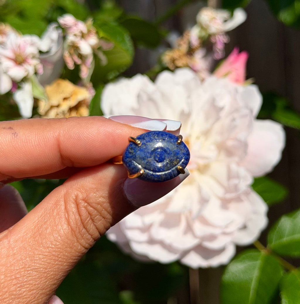 Hand Carved Lapis Lazuli with Pyrite Ring | 925 Sterling Silver 18K Gold Plated | Adjustable Artisan Evil Eye Ring | Handmade in Jaipur