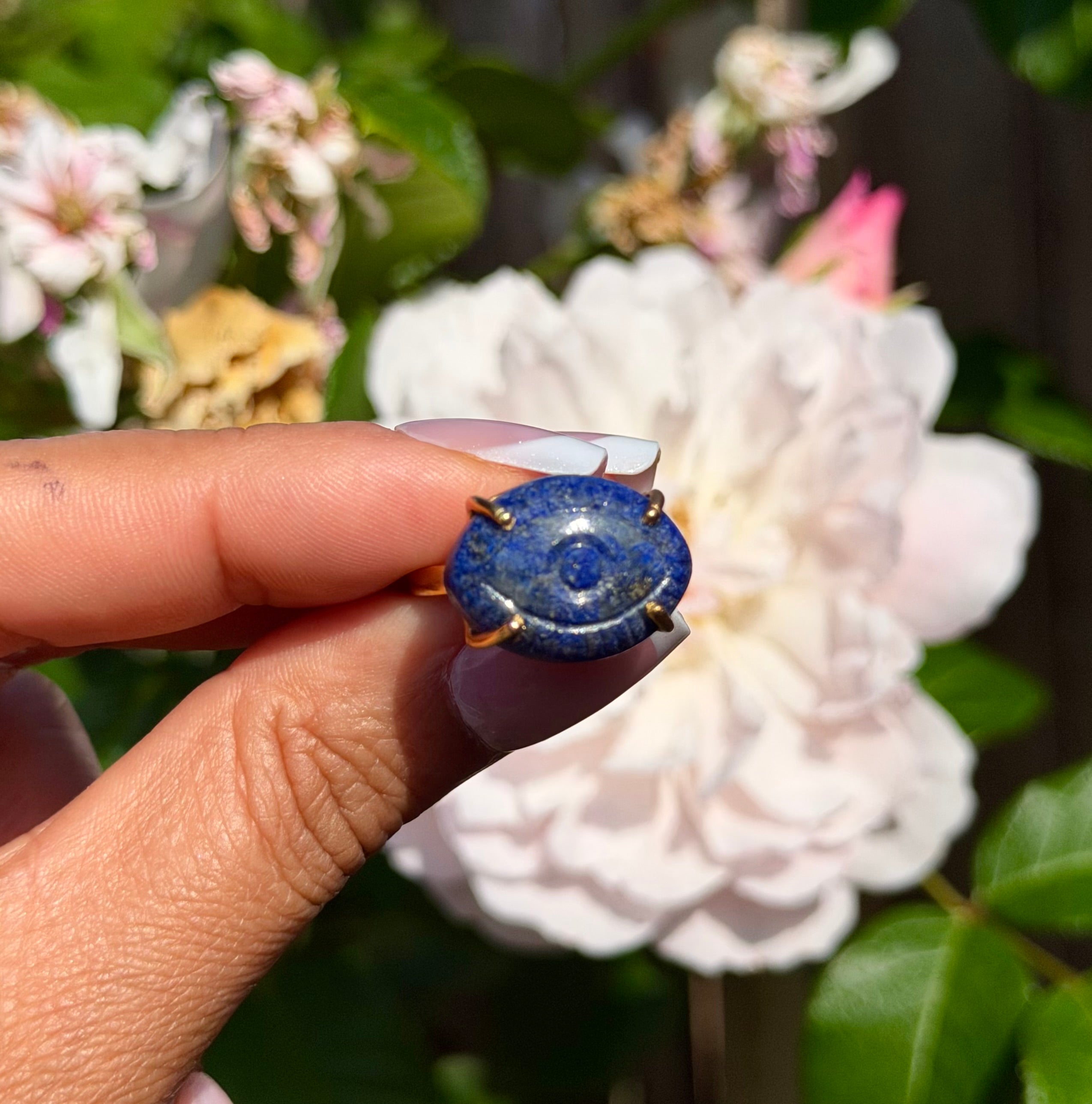 Hand Carved Lapis Lazuli with Pyrite Ring | 925 Sterling Silver 18K Gold Plated | Adjustable Artisan Evil Eye Ring | Handmade in Jaipur