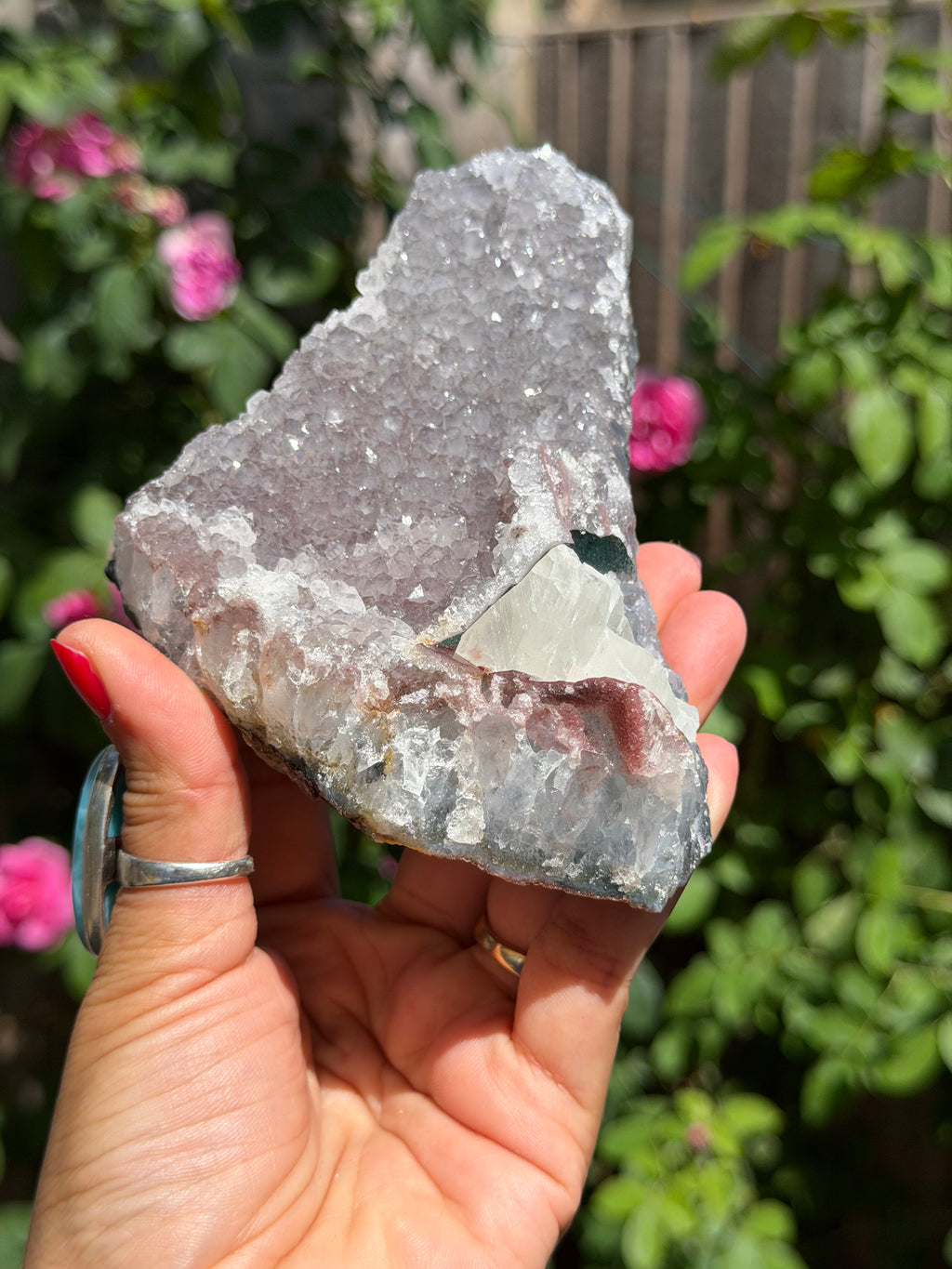 Rainbow Amethyst with Calcite | 503g  Crystal Cluster with Stand | Pastel Berry Druzy | Collector Specimen | Brazil Crystal Decor, A
