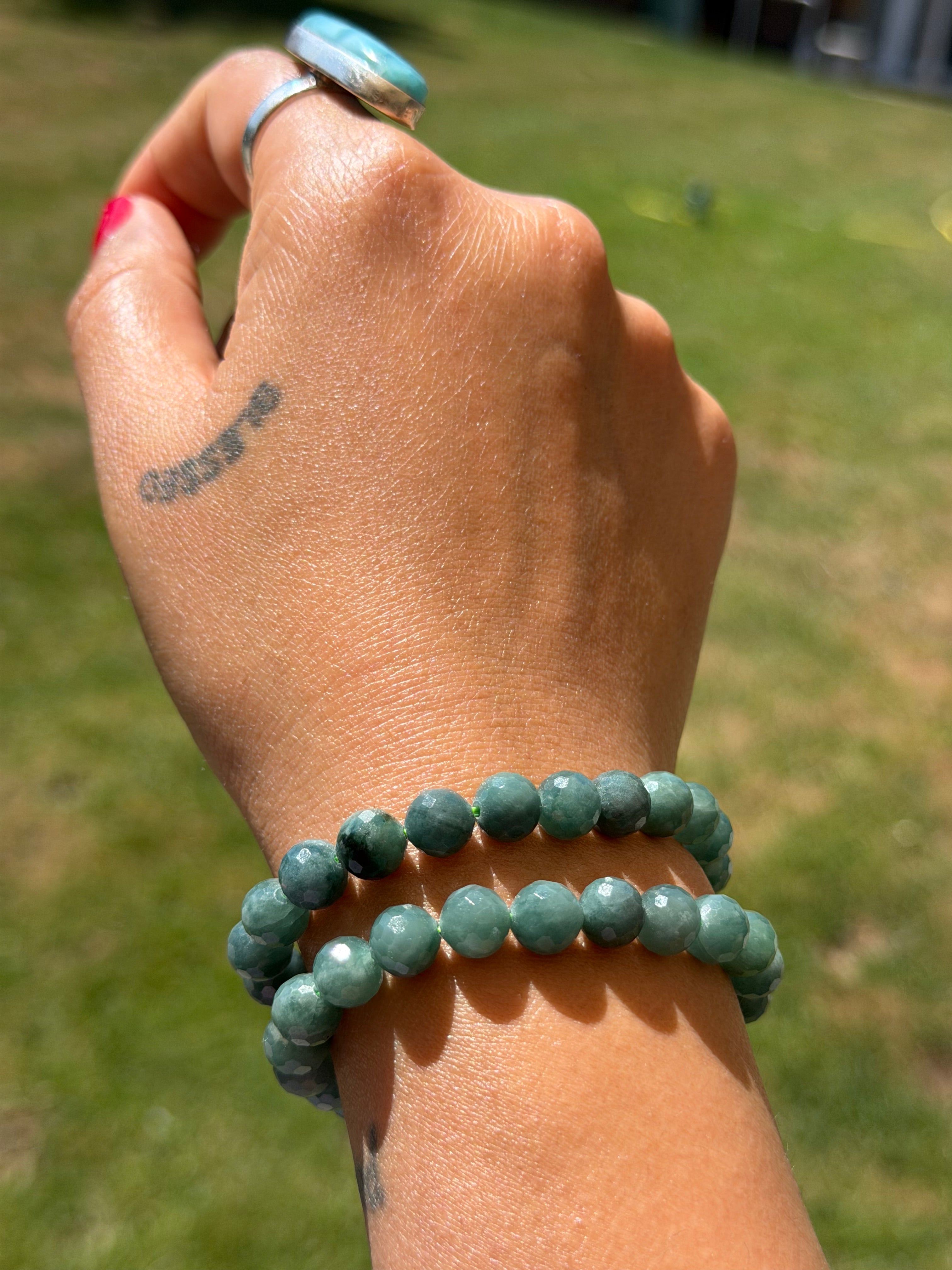 Blue Jade Faceted Bracelet 8mm | Natural Blue Jade Crystal Bracelet | Micro Cut Gemstone Stretch Bracelet | Calm, Wisdom & Prosperity