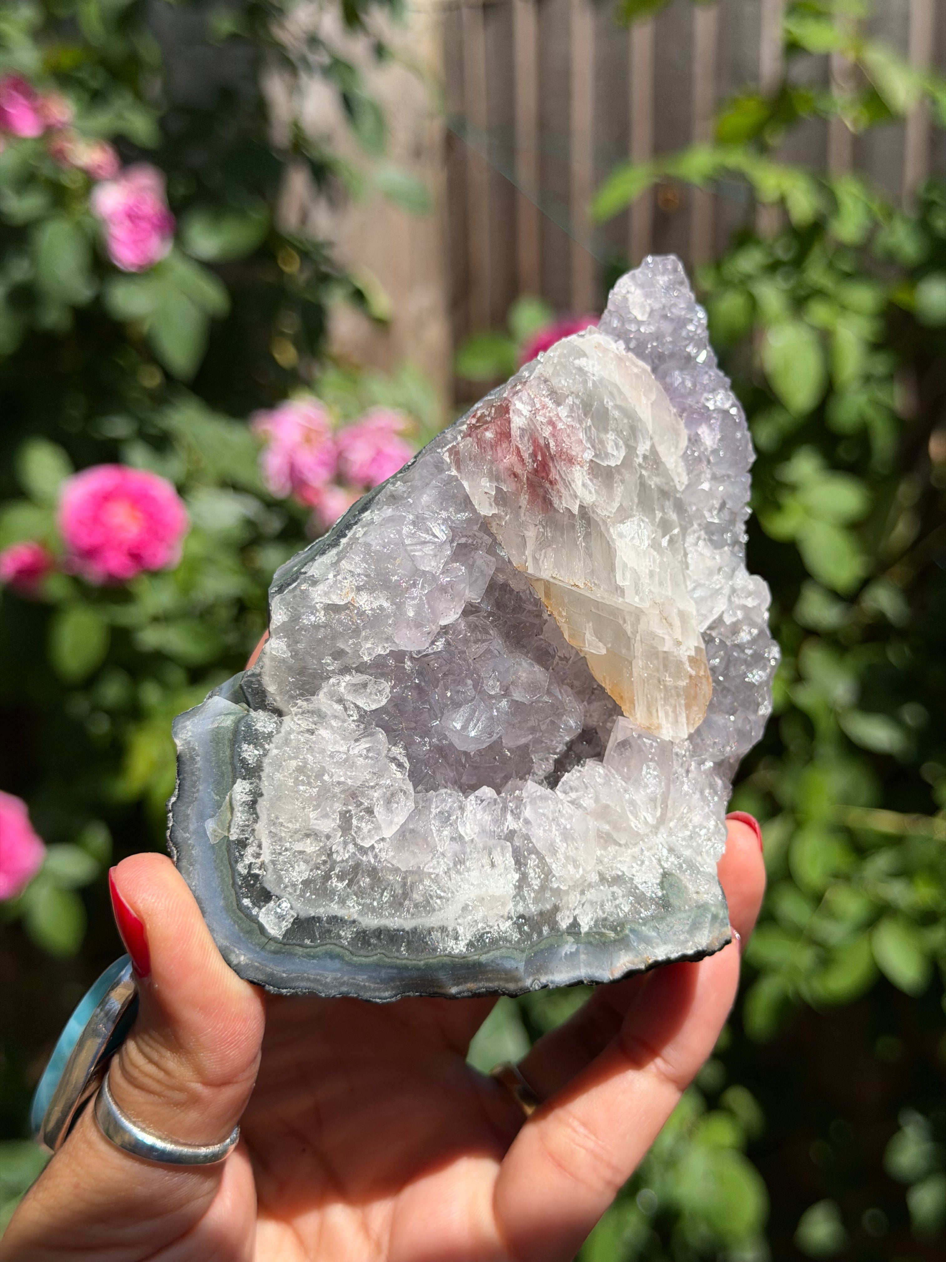 Rainbow Amethyst with Calcite | 520g  Crystal Cluster with Stand | Pastel Berry Druzy | Collector Specimen | Brazil Crystal Decor, B