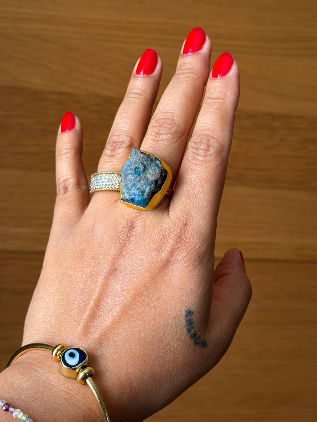 Raw Apatite adjustable metal ring with 18k gold plating| Statement crystal ring | Throat Chakra crystal