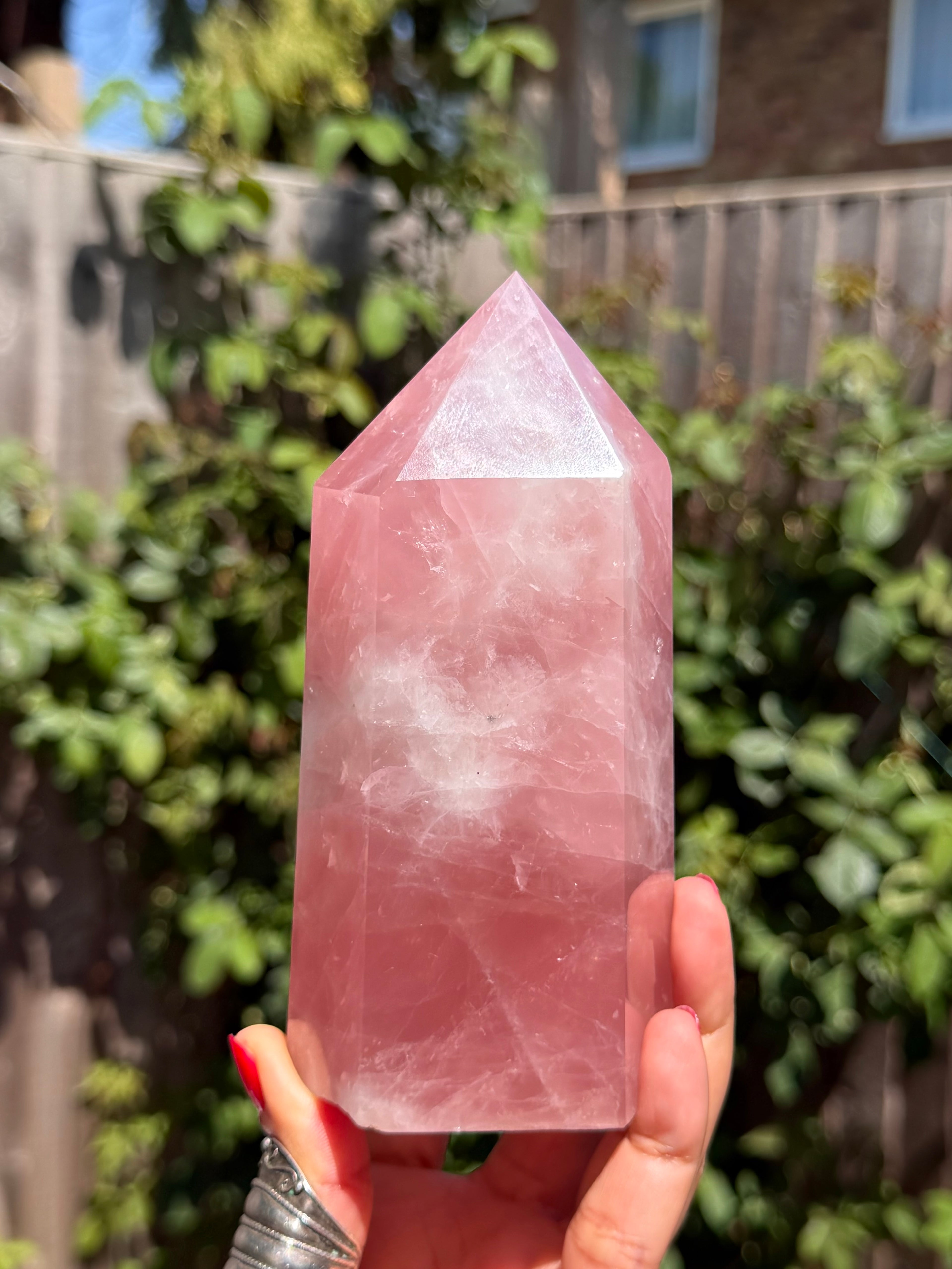 Vivid Pink Madagascar Rose Quartz Tower 892g | Natural Rainbow Inclusions & Feather Patterns | Large Crystal Point | Sainte Marie Gem Show