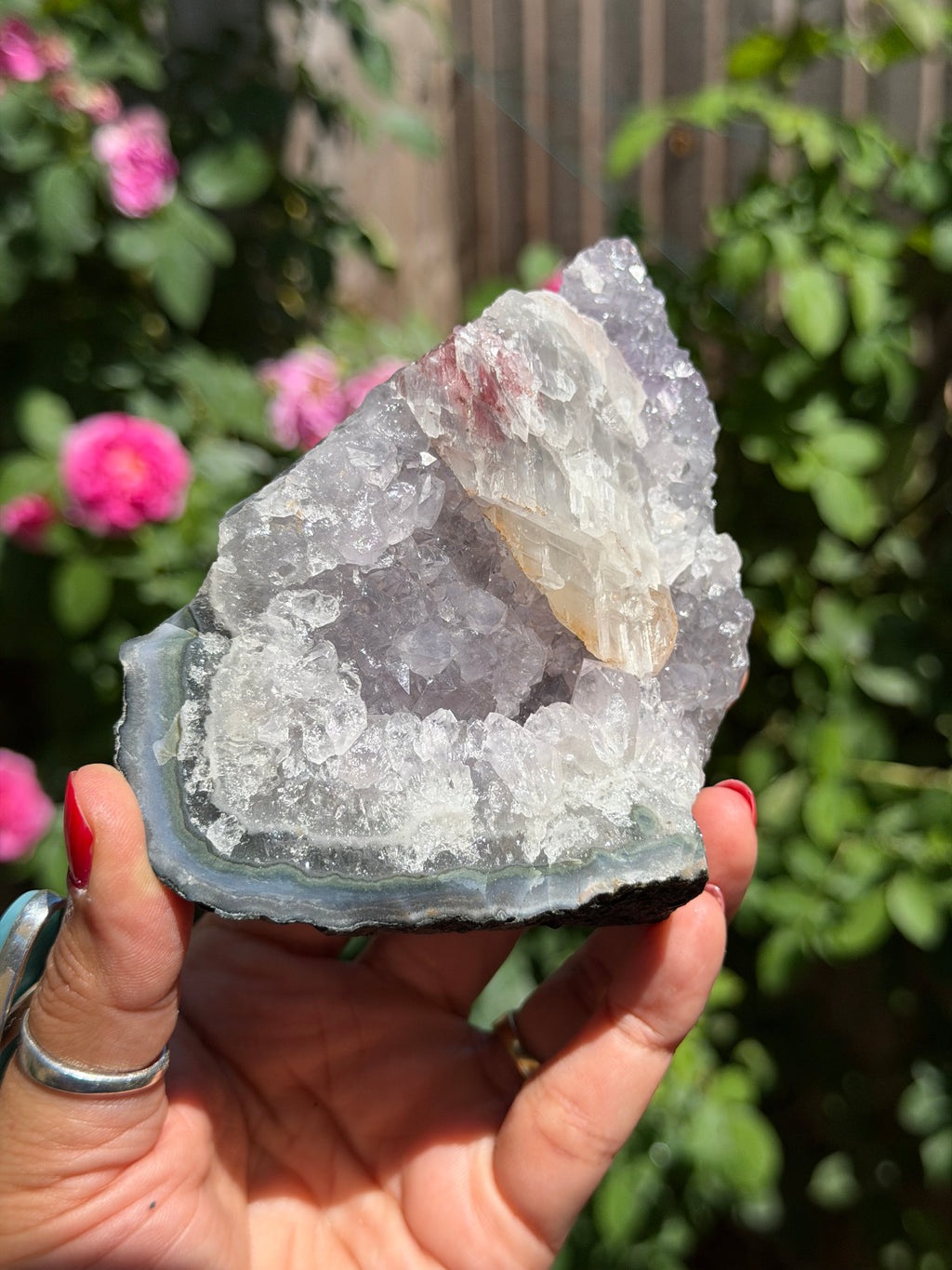 Rainbow Amethyst with Calcite | 520g  Crystal Cluster with Stand | Pastel Berry Druzy | Collector Specimen | Brazil Crystal Decor, B