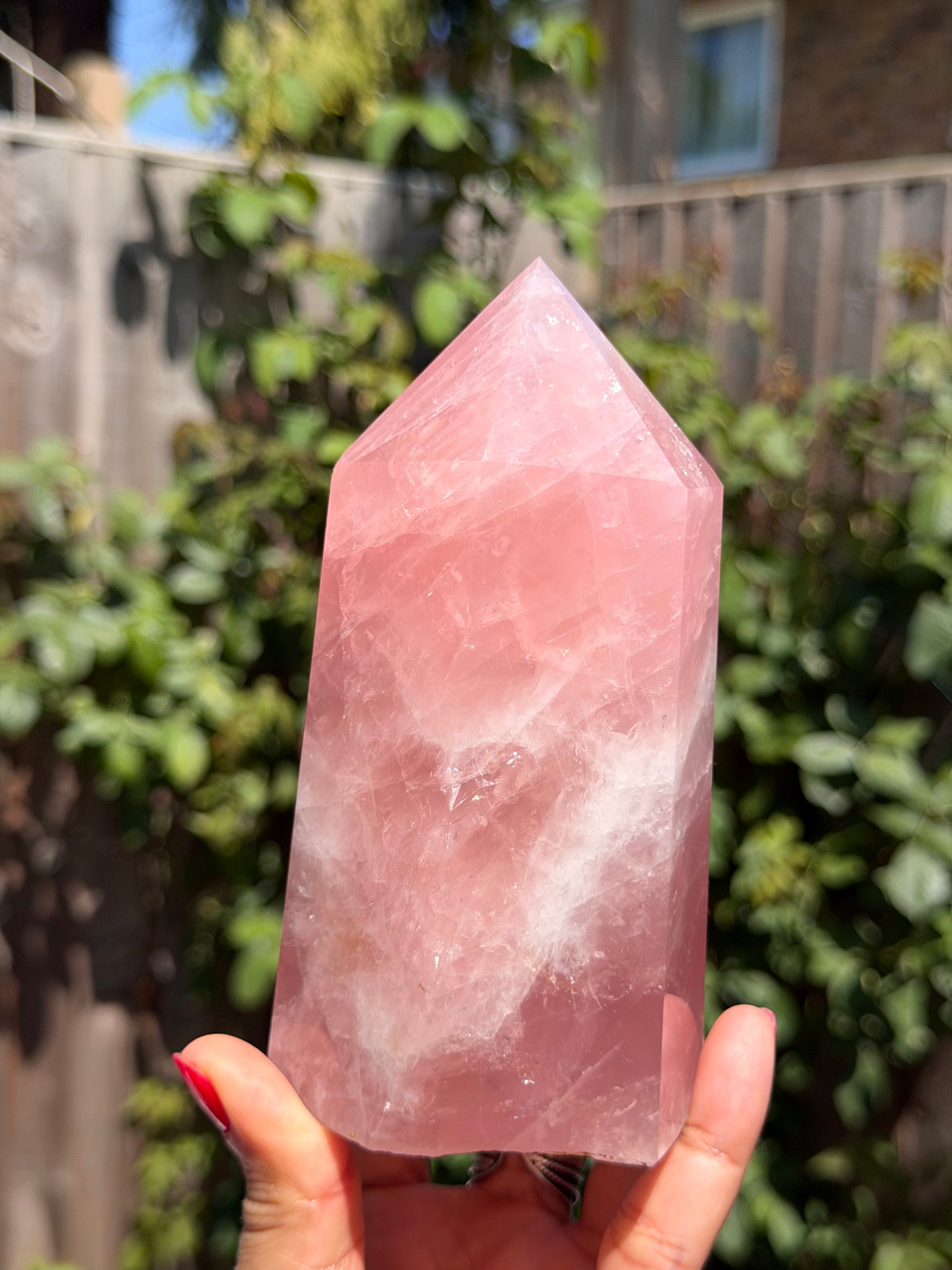 Vivid Pink Madagascar Rose Quartz Tower 892g | Natural Rainbow Inclusions & Feather Patterns | Large Crystal Point | Sainte Marie Gem Show