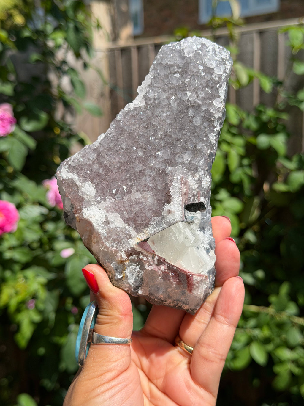 Rainbow Amethyst with Calcite | 503g  Crystal Cluster with Stand | Pastel Berry Druzy | Collector Specimen | Brazil Crystal Decor, A