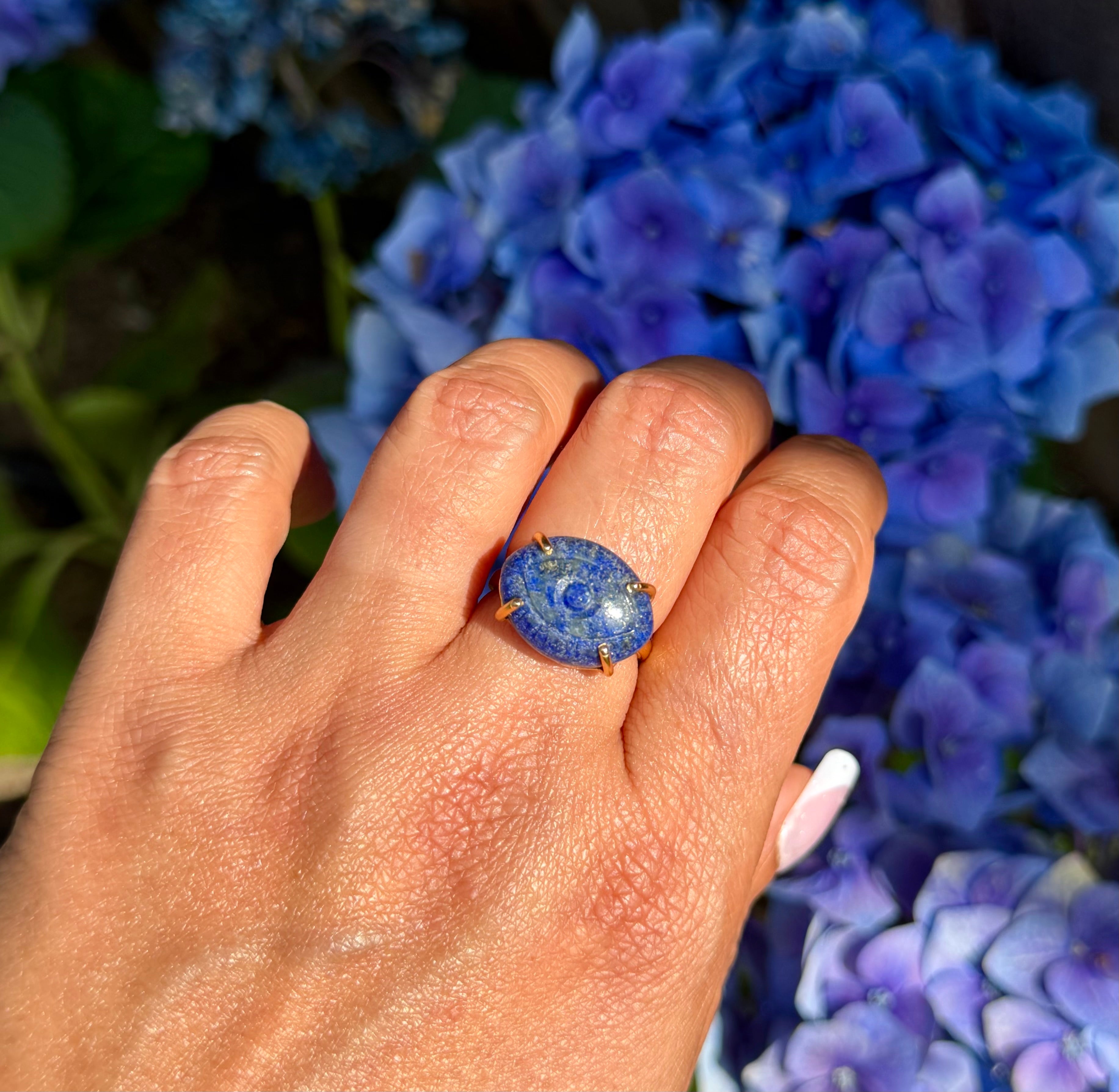Hand Carved Lapis Lazuli with Pyrite Ring | 925 Sterling Silver 18K Gold Plated | Adjustable Artisan Evil Eye Ring | Handmade in Jaipur