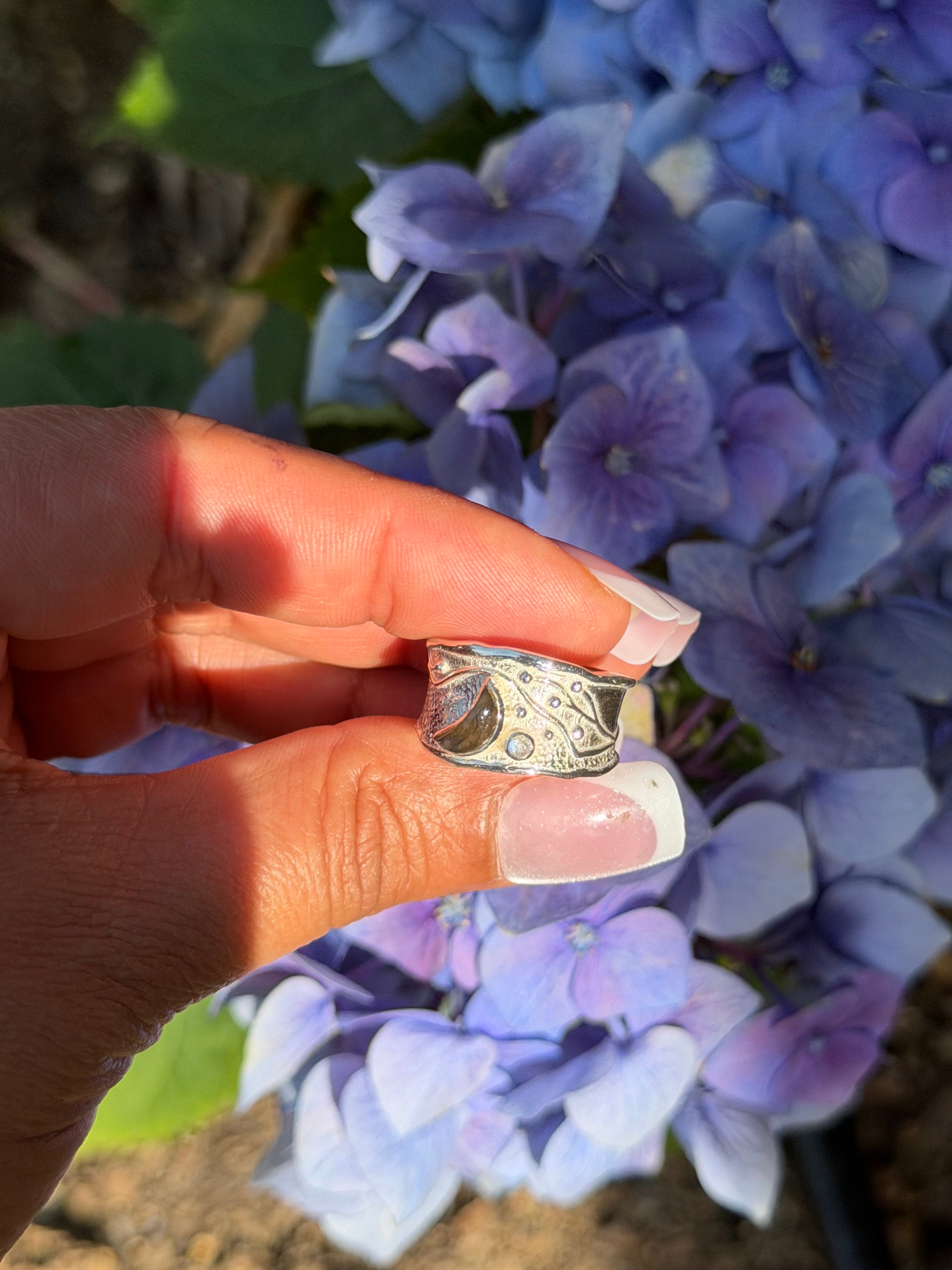 Labradorite Moon & Shooting Star Silver Ring | Handcrafted Adjustable Band