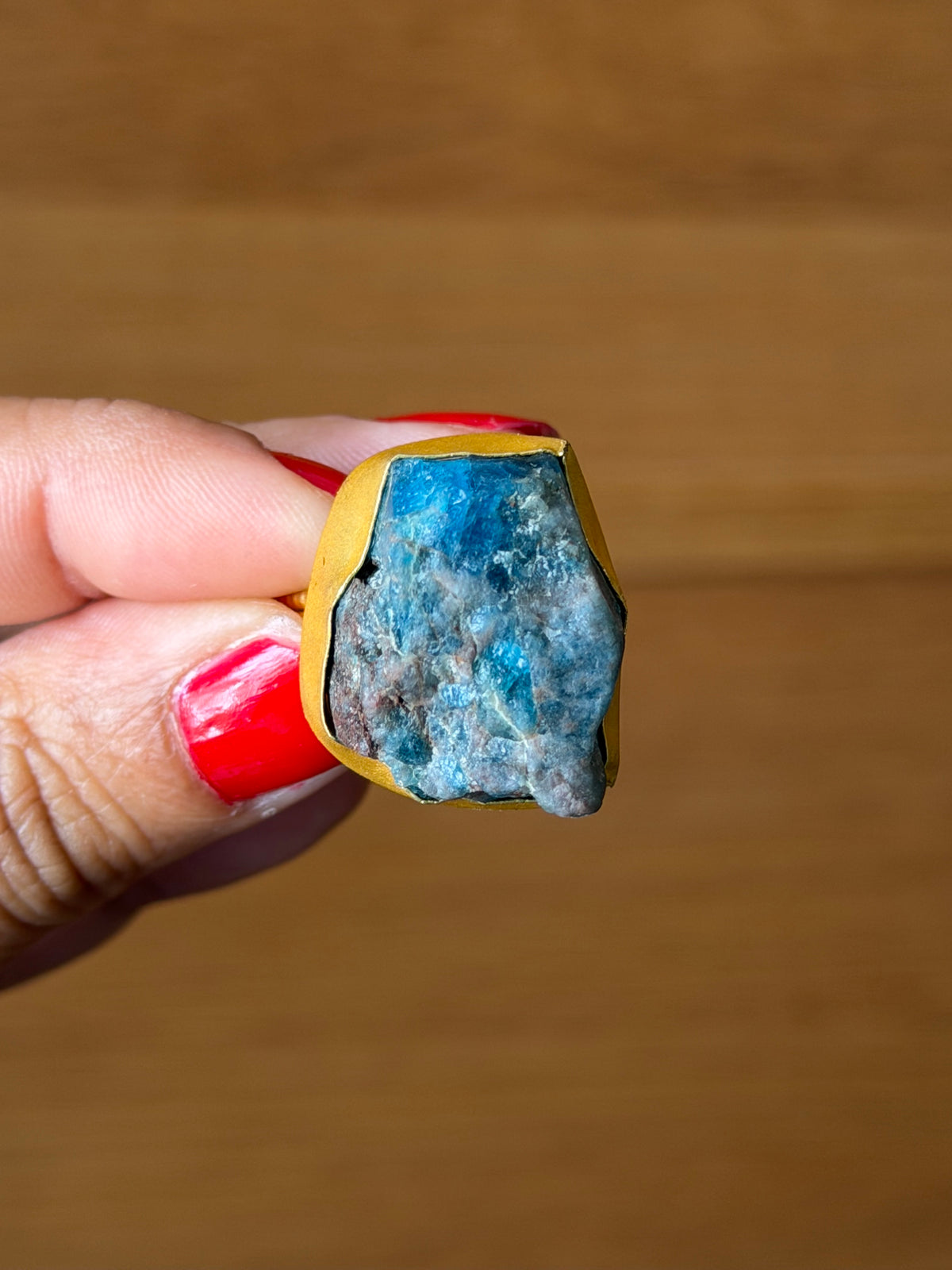 Raw Apatite adjustable metal ring with 18k gold plating| Statement crystal ring | Throat Chakra crystal