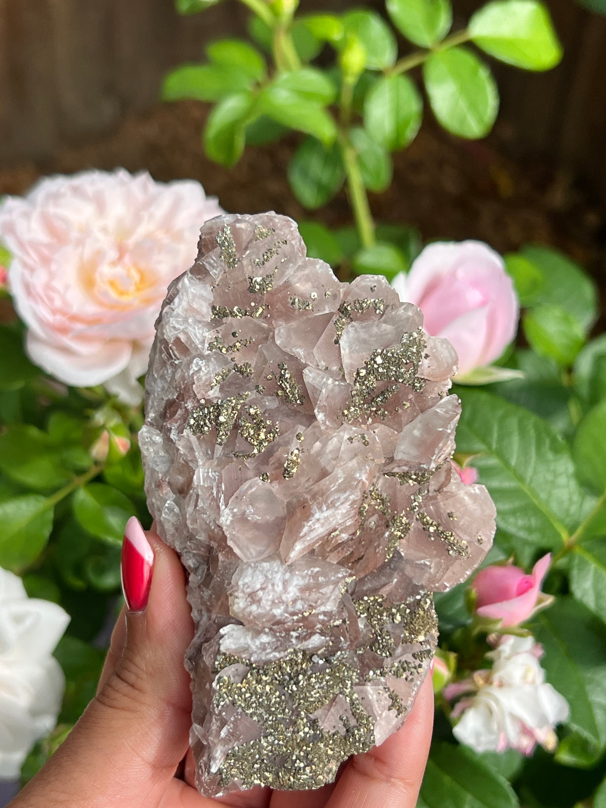 Rare Pink Benz Calcite with Pyrite from Inner Mongolia — 188g