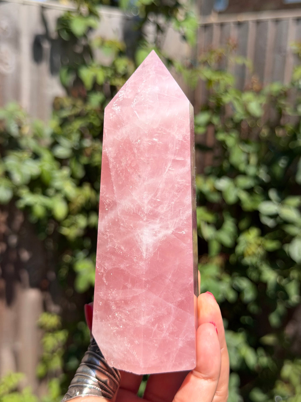 Madagascar Rose Quartz Tower 687g | Vivid Pink Crystal Point with Natural Rainbows & Feather Patterns | Sainte Marie Gem Show