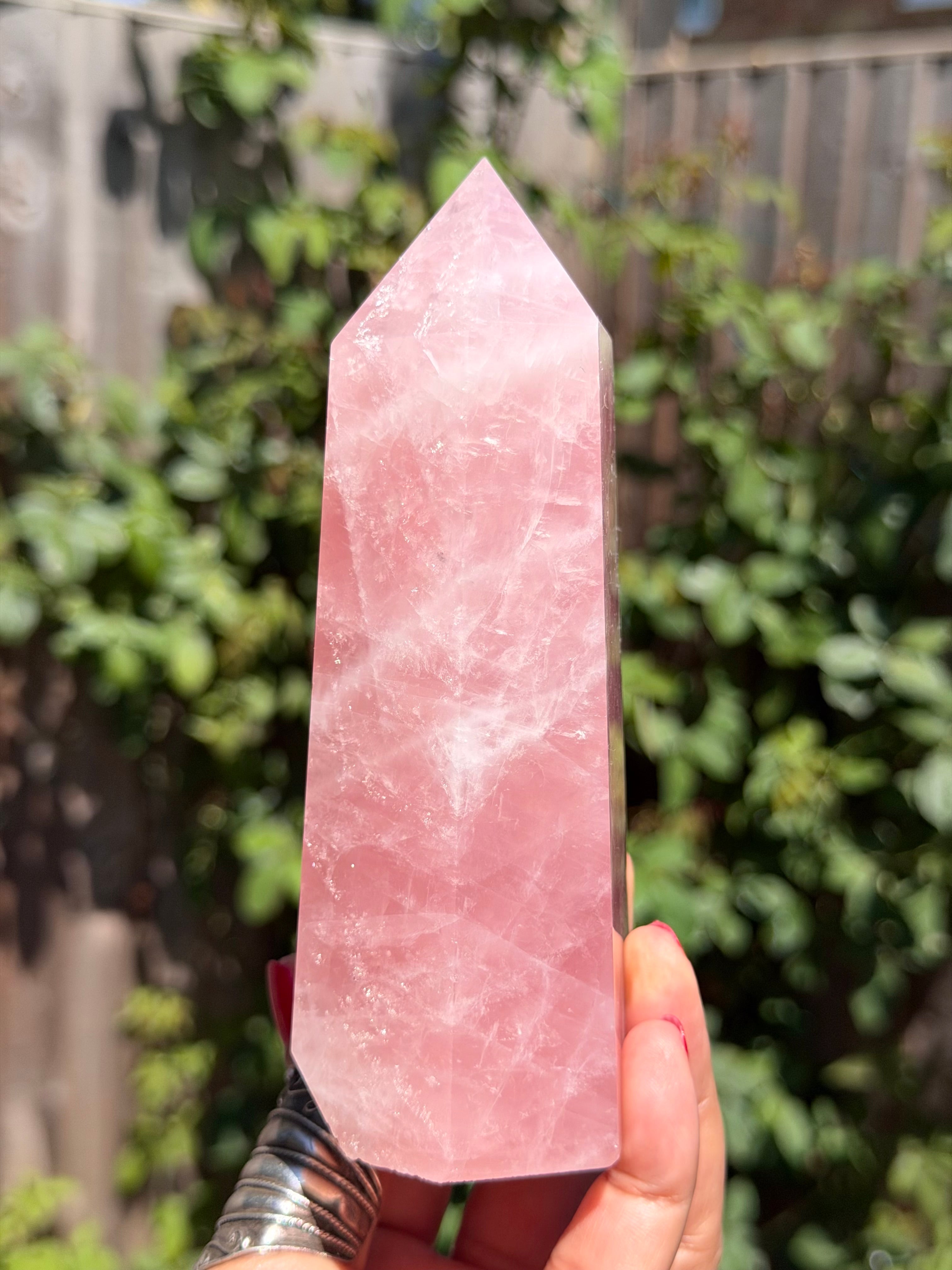 Madagascar Rose Quartz Tower 687g | Vivid Pink Crystal Point with Natural Rainbows & Feather Patterns | Sainte Marie Gem Show