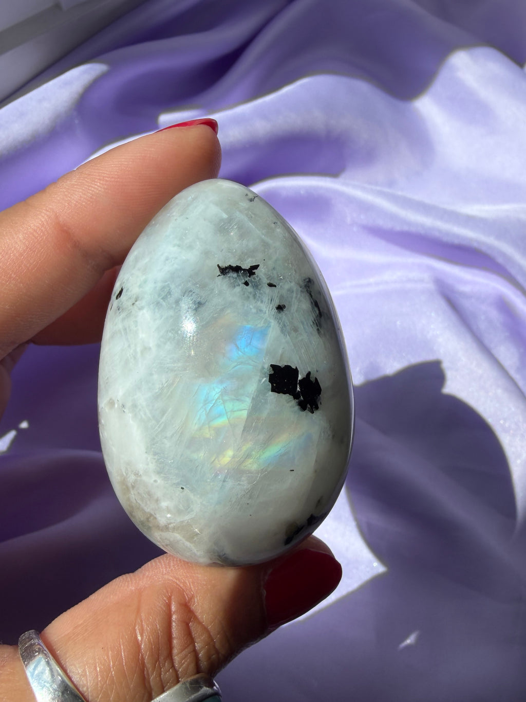Flashy Rainbow Moonstone Egg – Free Standing Crystal Display from India, A