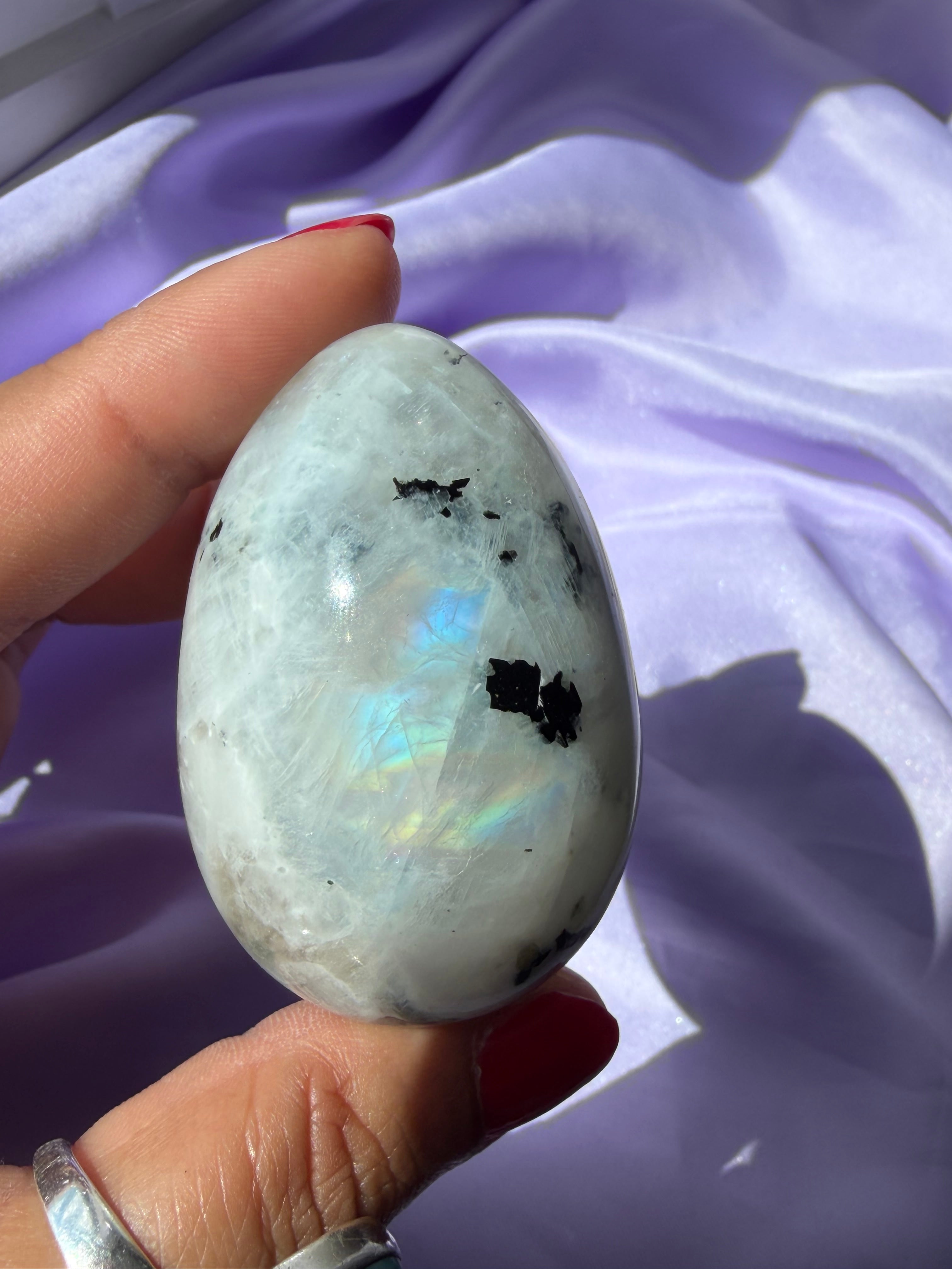 Flashy Rainbow Moonstone Egg – Free Standing Crystal Display from India, A