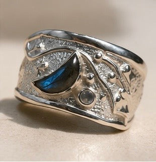 Labradorite Moon & Shooting Star Silver Ring | Handcrafted Adjustable Band