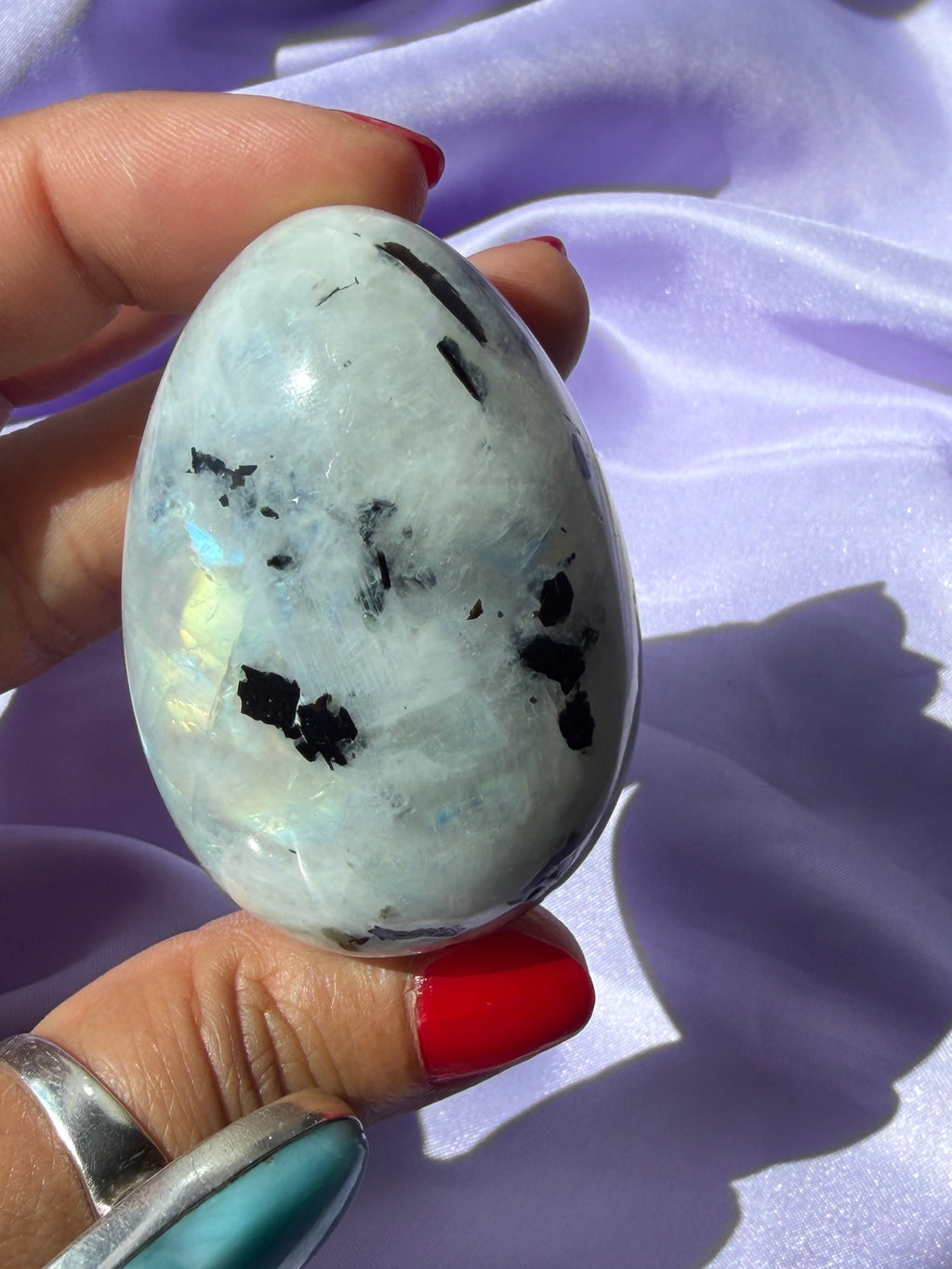 Flashy Rainbow Moonstone Egg – Free Standing Crystal Display from India, A