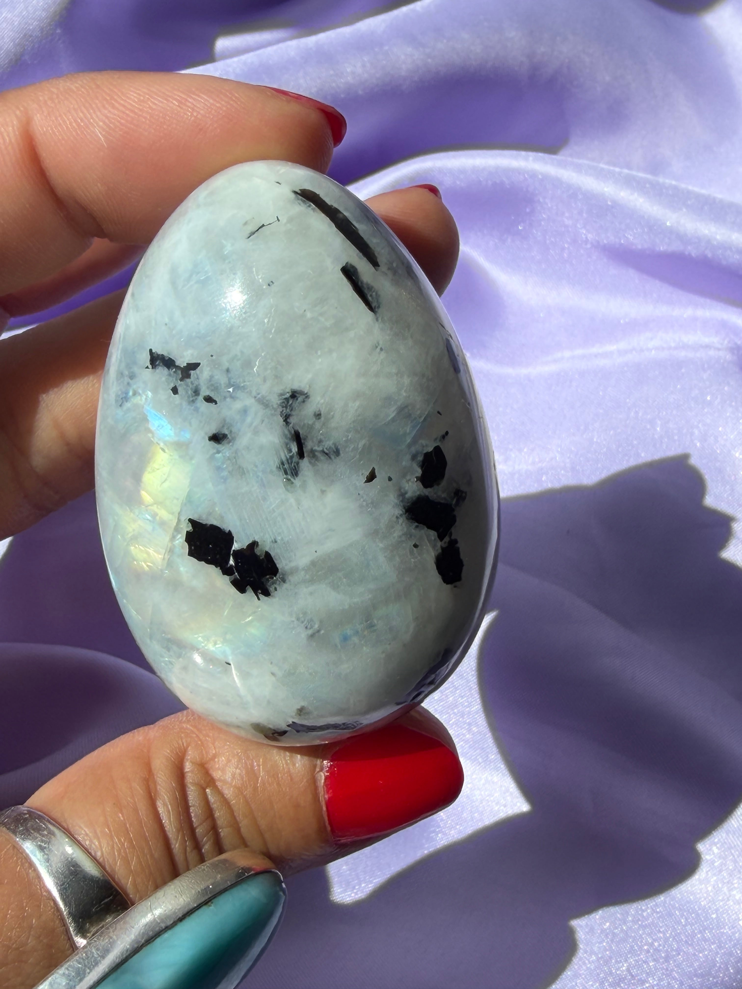 Flashy Rainbow Moonstone Egg – Free Standing Crystal Display from India, A