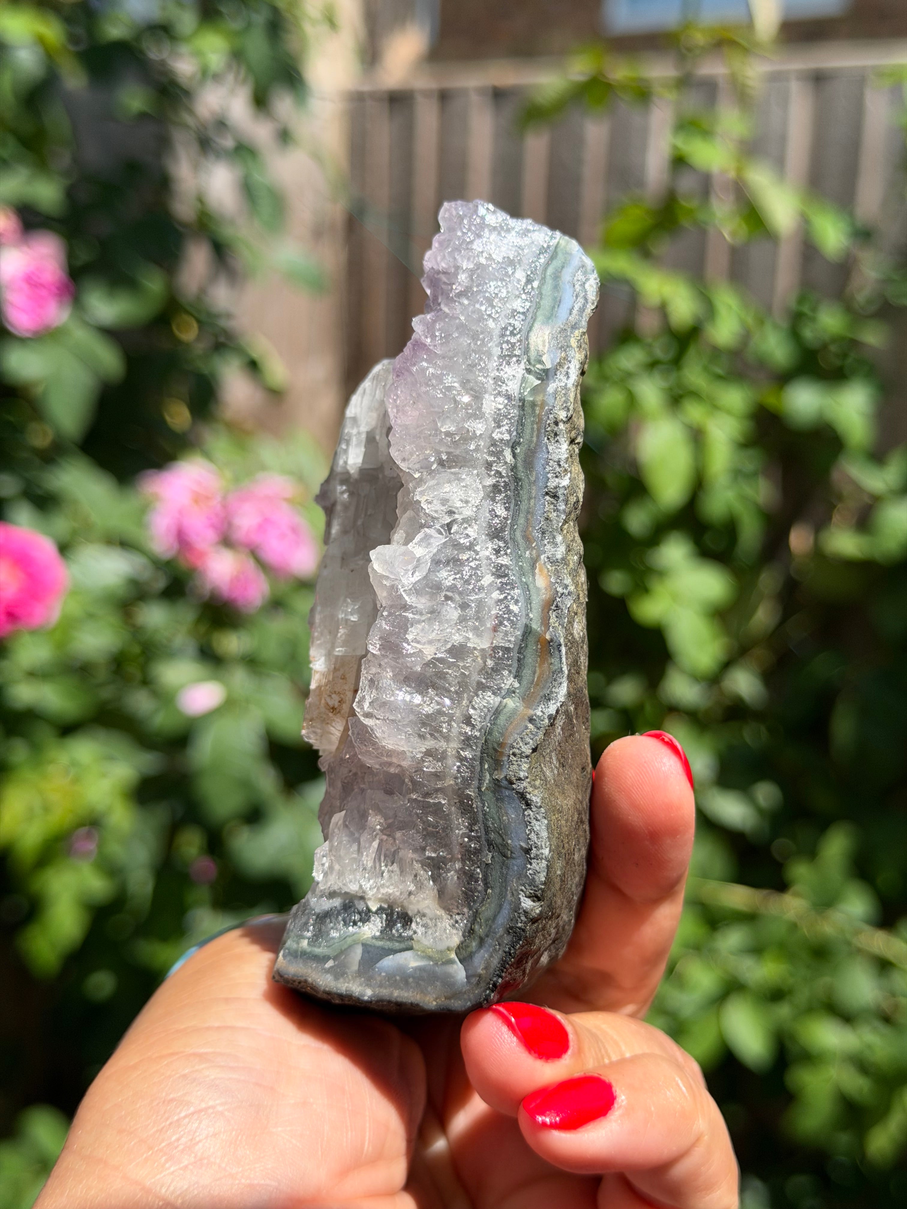 Rainbow Amethyst with Calcite | 520g  Crystal Cluster with Stand | Pastel Berry Druzy | Collector Specimen | Brazil Crystal Decor, B