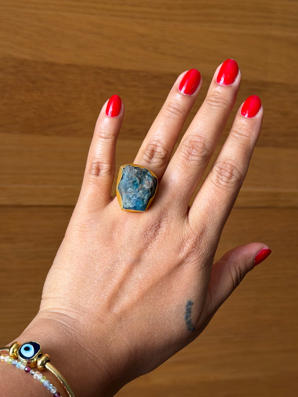 Raw Apatite adjustable metal ring with 18k gold plating| Statement crystal ring | Throat Chakra crystal