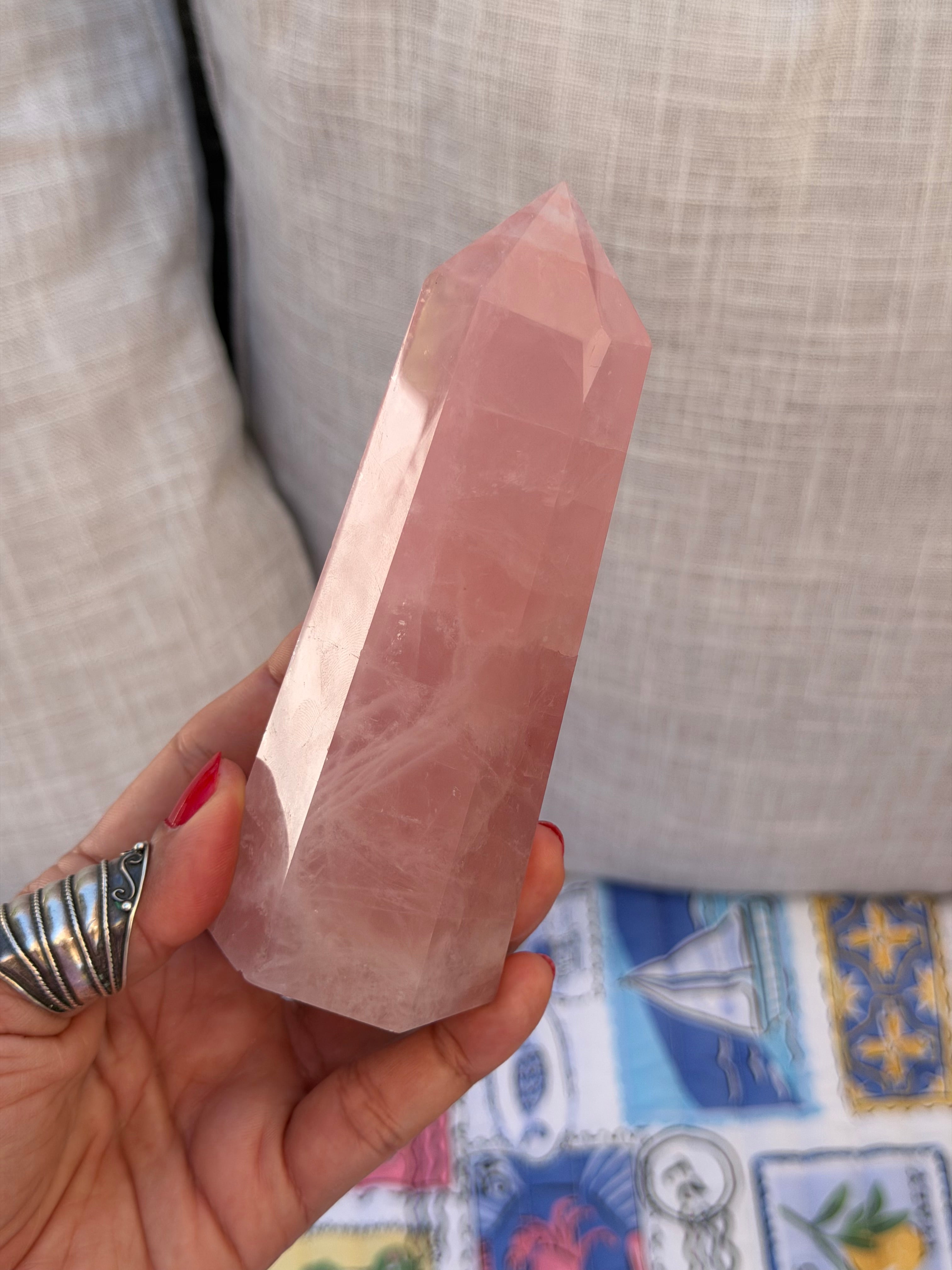 Madagascar Rose Quartz Tower 687g | Vivid Pink Crystal Point with Natural Rainbows & Feather Patterns | Sainte Marie Gem Show