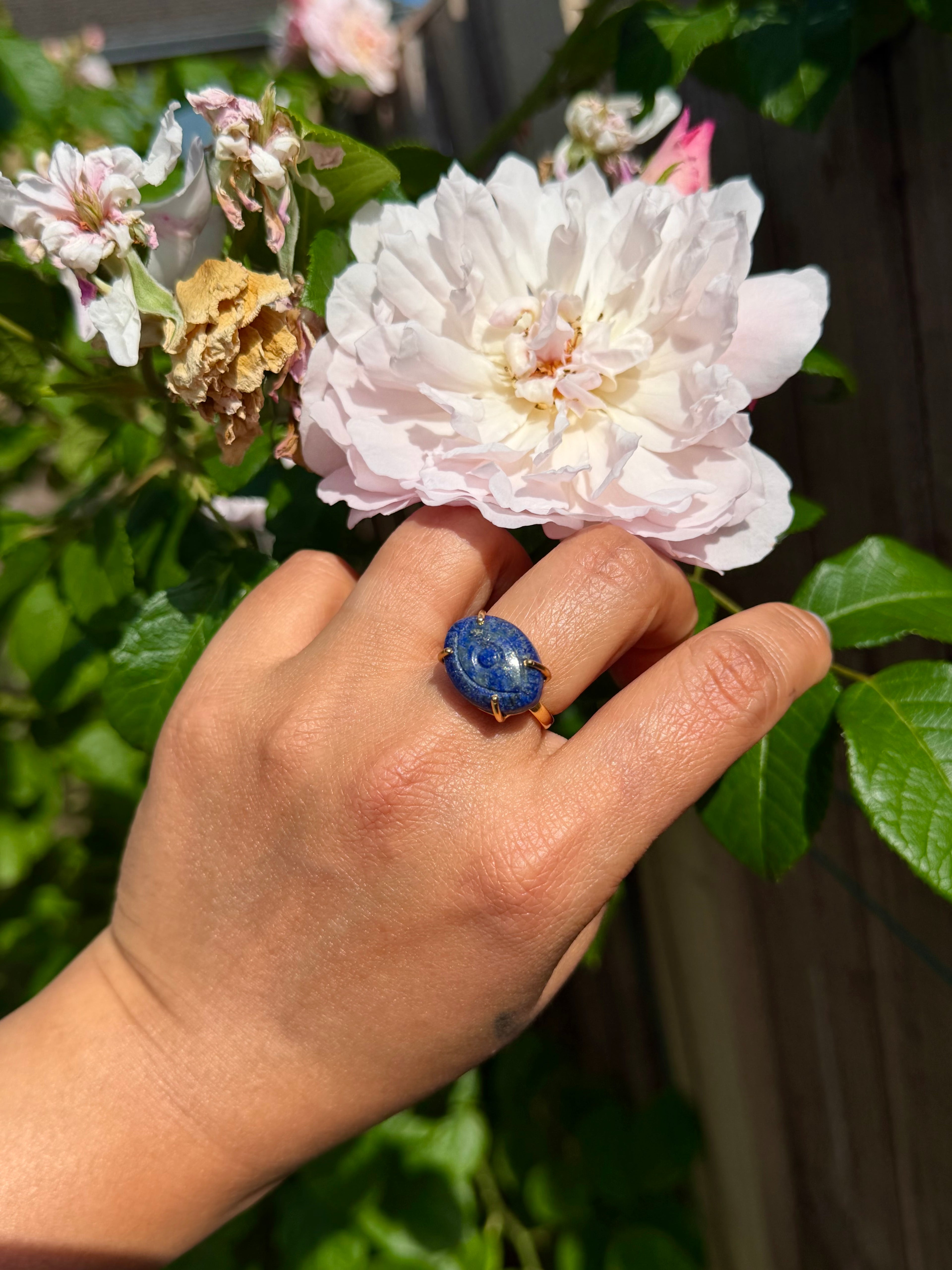 Hand Carved Lapis Lazuli with Pyrite Ring | 925 Sterling Silver 18K Gold Plated | Adjustable Artisan Evil Eye Ring | Handmade in Jaipur