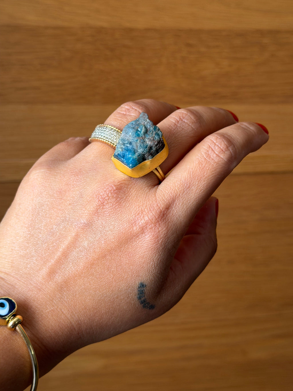Raw Apatite adjustable metal ring with 18k gold plating| Statement crystal ring | Throat Chakra crystal