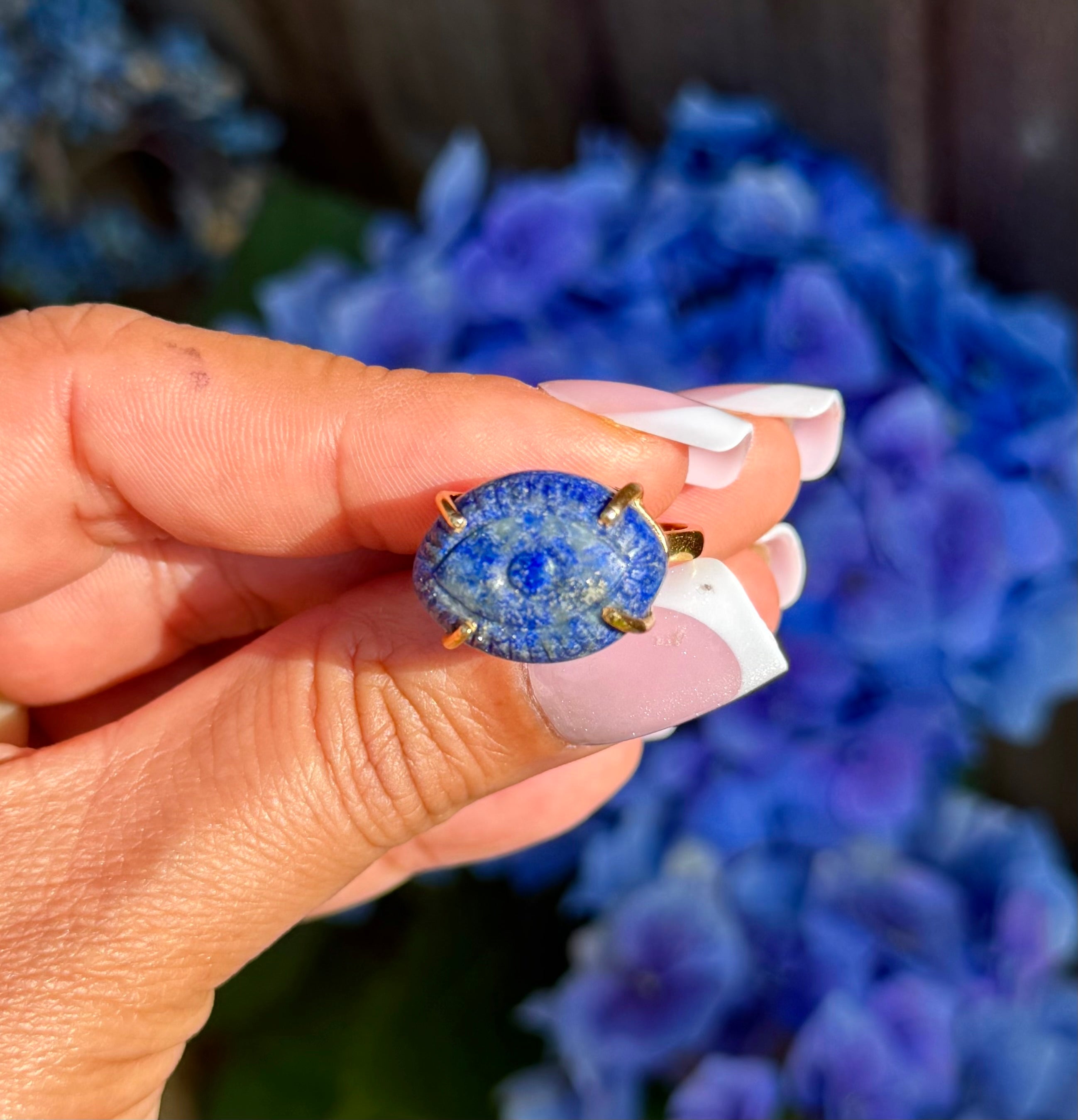 Hand Carved Lapis Lazuli with Pyrite Ring | 925 Sterling Silver 18K Gold Plated | Adjustable Artisan Evil Eye Ring | Handmade in Jaipur